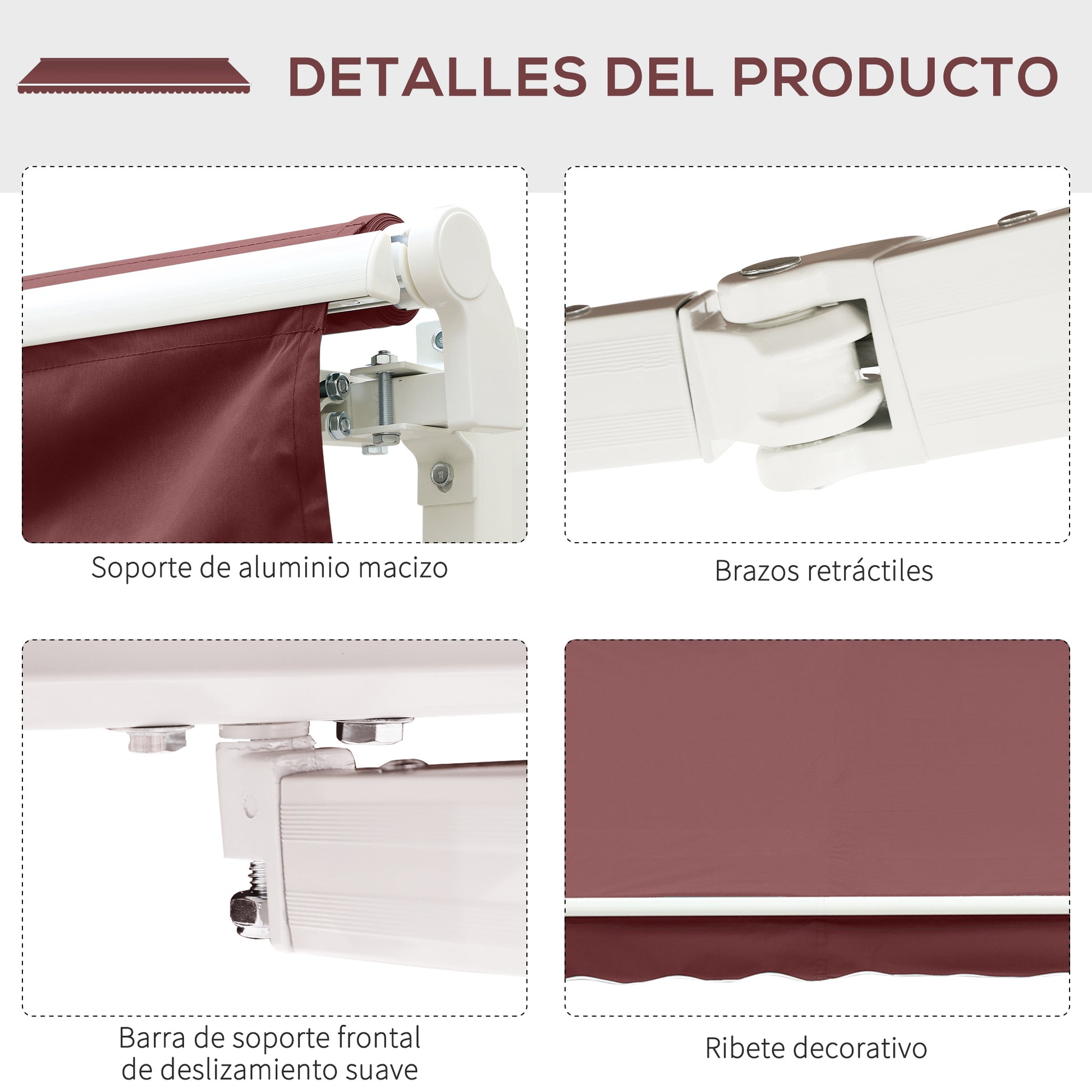 Outsunny Toldo Manual Retráctil 350x250 cm, Toldo Exterior Terraza con Ángulo Ajustable, Manivela, Estructura de Aluminio y Protección UV30+, para Jardín, Patio, Ventanas, Rojo Vino