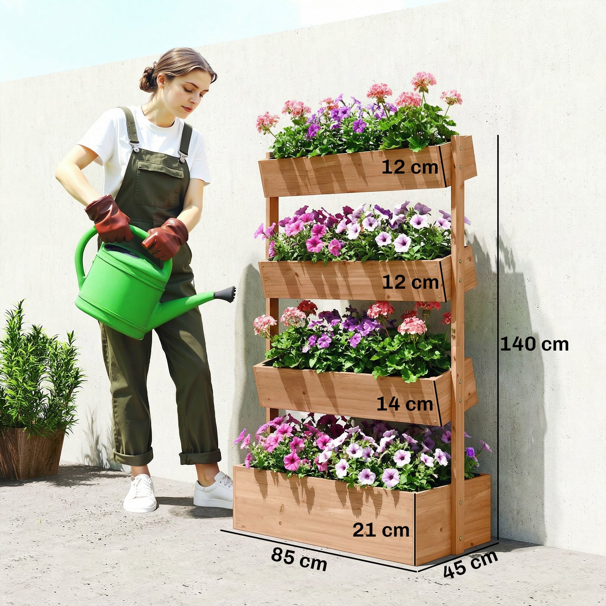 Outsunny Jardinera de Madera de 4 Niveles, Jardinera Exterior Elevada con Orificios de Drenaje y Tela no Tejida, Macetero para Cultivos, Plantas, Flores, para Terraza, Jardín, 85x45x140 cm, Marrón