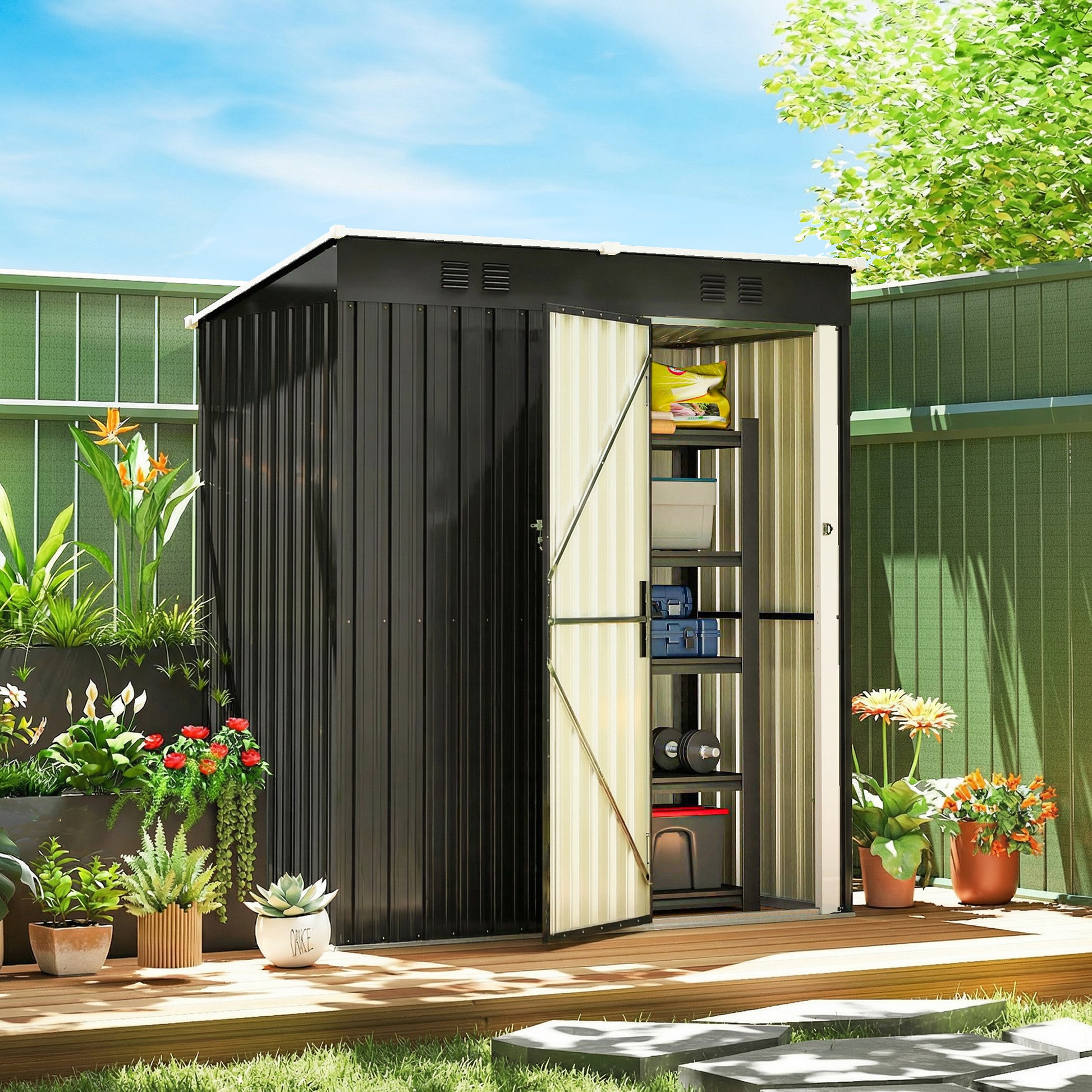 Outsunny Caseta de Jardín Exterior 1,37 m², 163x90x179 cm, Cobertizo de Jardín Exterior Metálico con Puerta con Pestillo y Ranuras de Ventilación, para Almacenamiento de Herramientas, Gris Oscuro