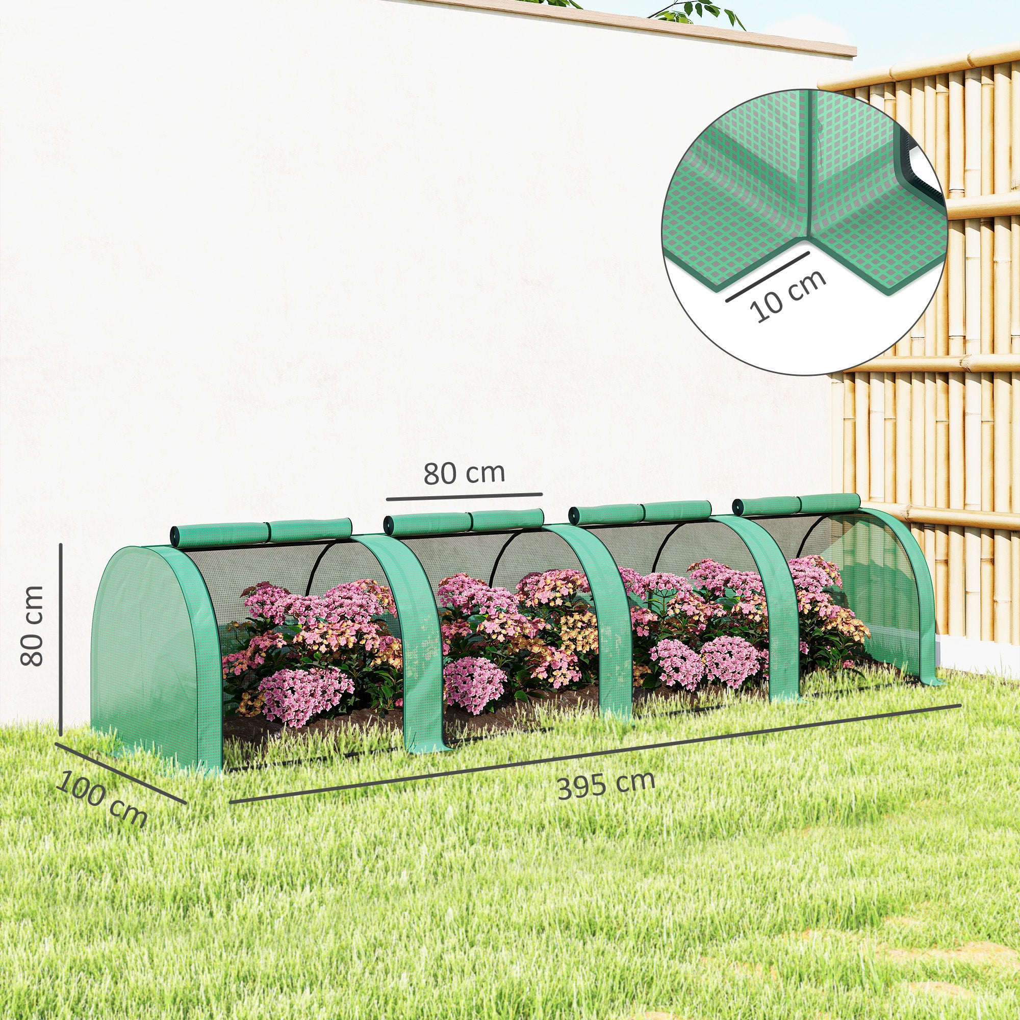 Outsunny Invernadero de Exterior 395x100x80 cm Invernadero de Jardín con 4 Puertas Enrollables y Marco de Acero para Cultivos Plantas Flores Verde