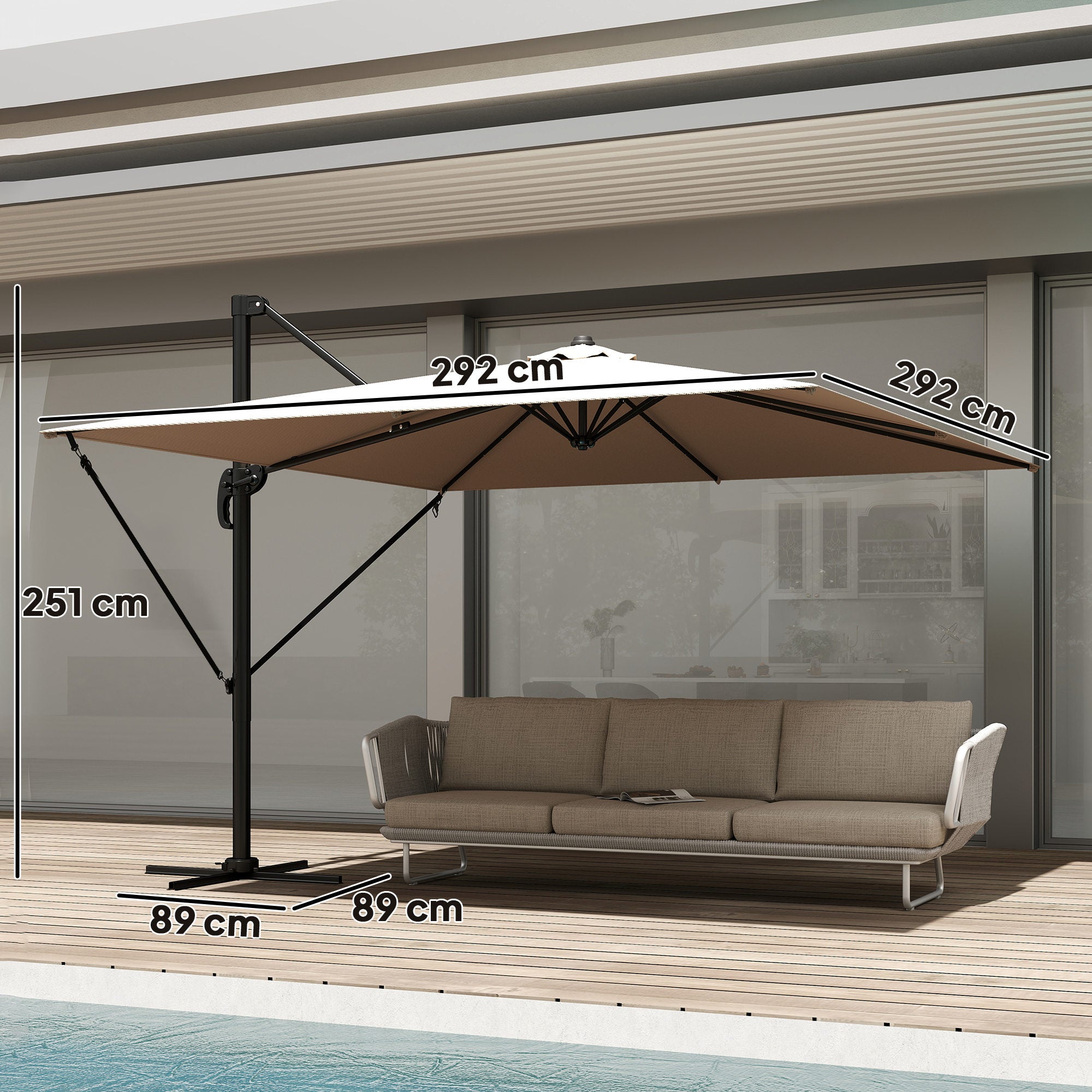 Outsunny Sombrilla de Jardín 2,9x2,9 m, Parasol Excéntrico de Aluminio con Manivela, Toldo Giratorio 360°, Inclinación Ajustable, Base Cruzada y Funda, UPF30+, Sombrilla para Terraza Exterior, Caqui