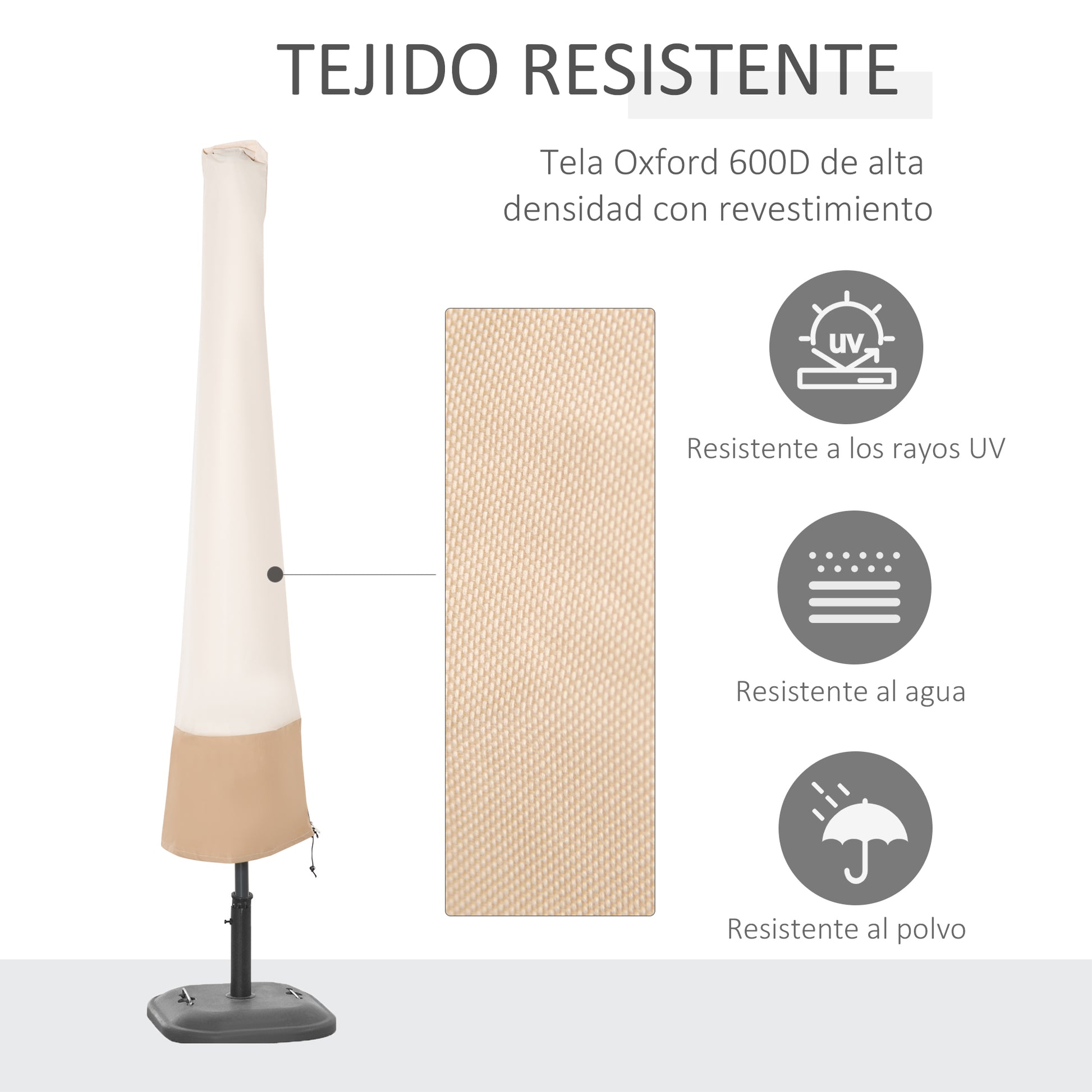 Outsunny Funda para Sombrilla de Jardín Impermeable de Tela Oxford 600D Ø60x190 cm Funda Protectora de Parasol con Banda Elástica y Cremallera para Patio Terraza Exterior Beige