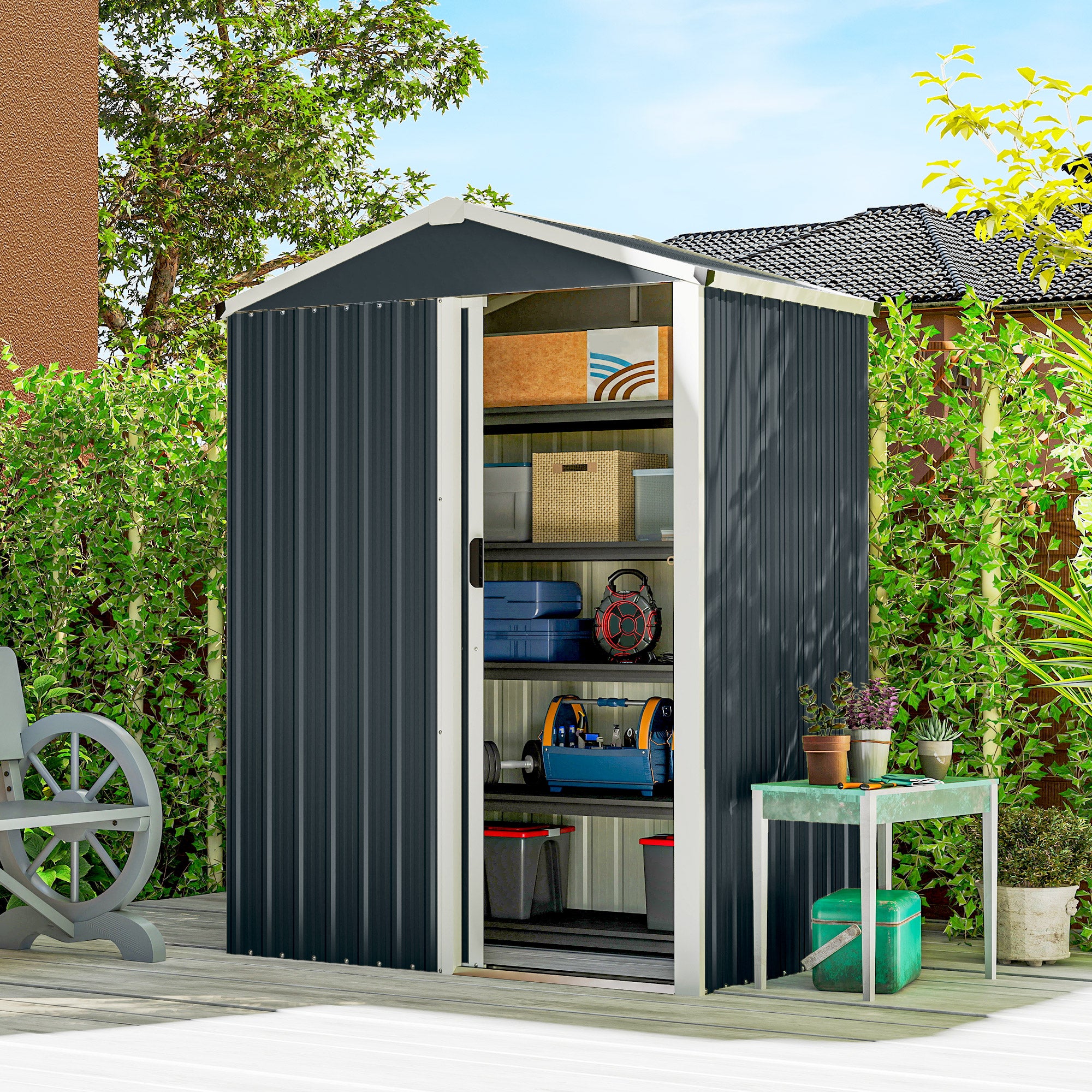 Outsunny Caseta de Jardín Exterior 1,1 m², 136x87x179 cm, Cobertizo de Jardín Exterior Metálico con Puerta Corredera, Techo Inclinado y Guantes, para Almacenaje de Herramientas Bicicletas, Gris Oscuro