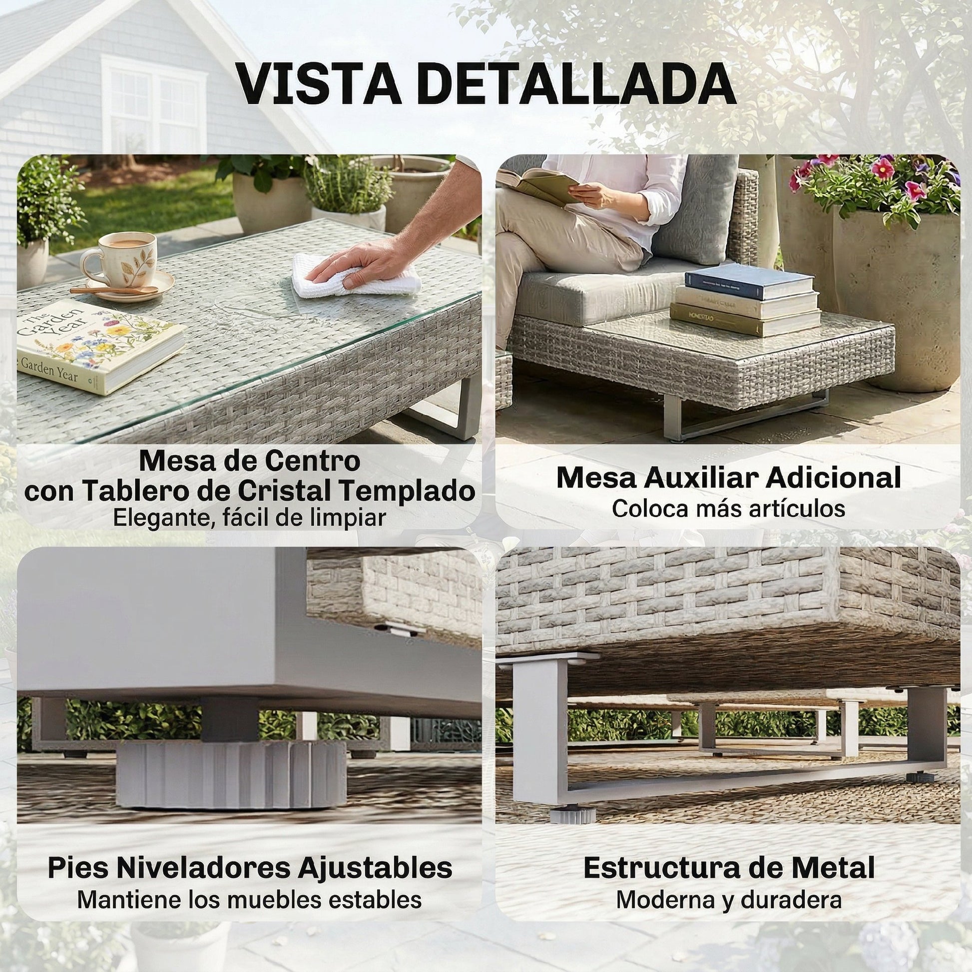 Outsunny Conjunto de Jardín de Ratán de 3 Piezas, Conjunto Terraza Resistente, Muebles Jardín Exterior Incluye Cojines, Sofá de 3 Plazas, Sofá de 2 Plazas con Mesa Lateral, Mesa Centro de Vidrio Gris