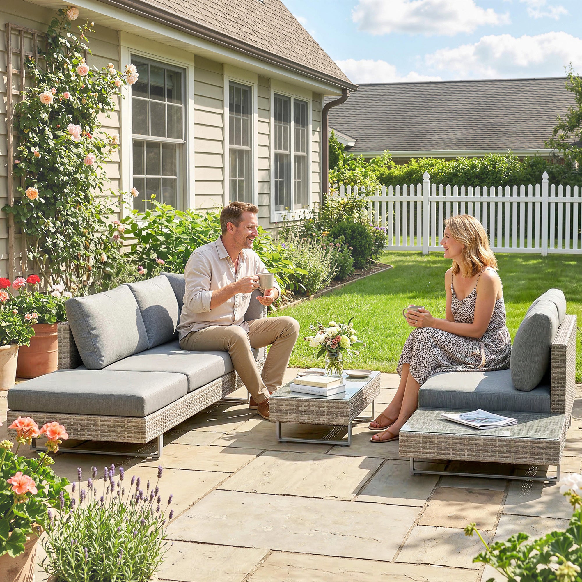 Outsunny Conjunto de Jardín de Ratán de 3 Piezas, Conjunto Terraza Resistente, Muebles Jardín Exterior Incluye Cojines, Sofá de 3 Plazas, Sofá de 2 Plazas con Mesa Lateral, Mesa Centro de Vidrio Gris
