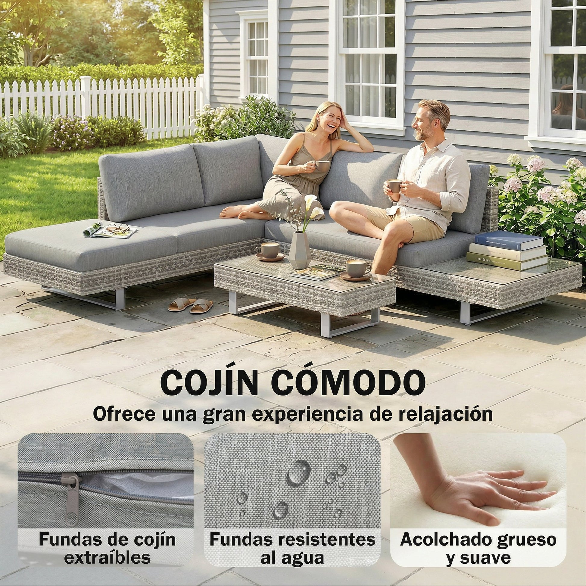 Outsunny Conjunto de Jardín de Ratán de 3 Piezas, Conjunto Terraza Resistente, Muebles Jardín Exterior Incluye Cojines, Sofá de 3 Plazas, Sofá de 2 Plazas con Mesa Lateral, Mesa Centro de Vidrio Gris