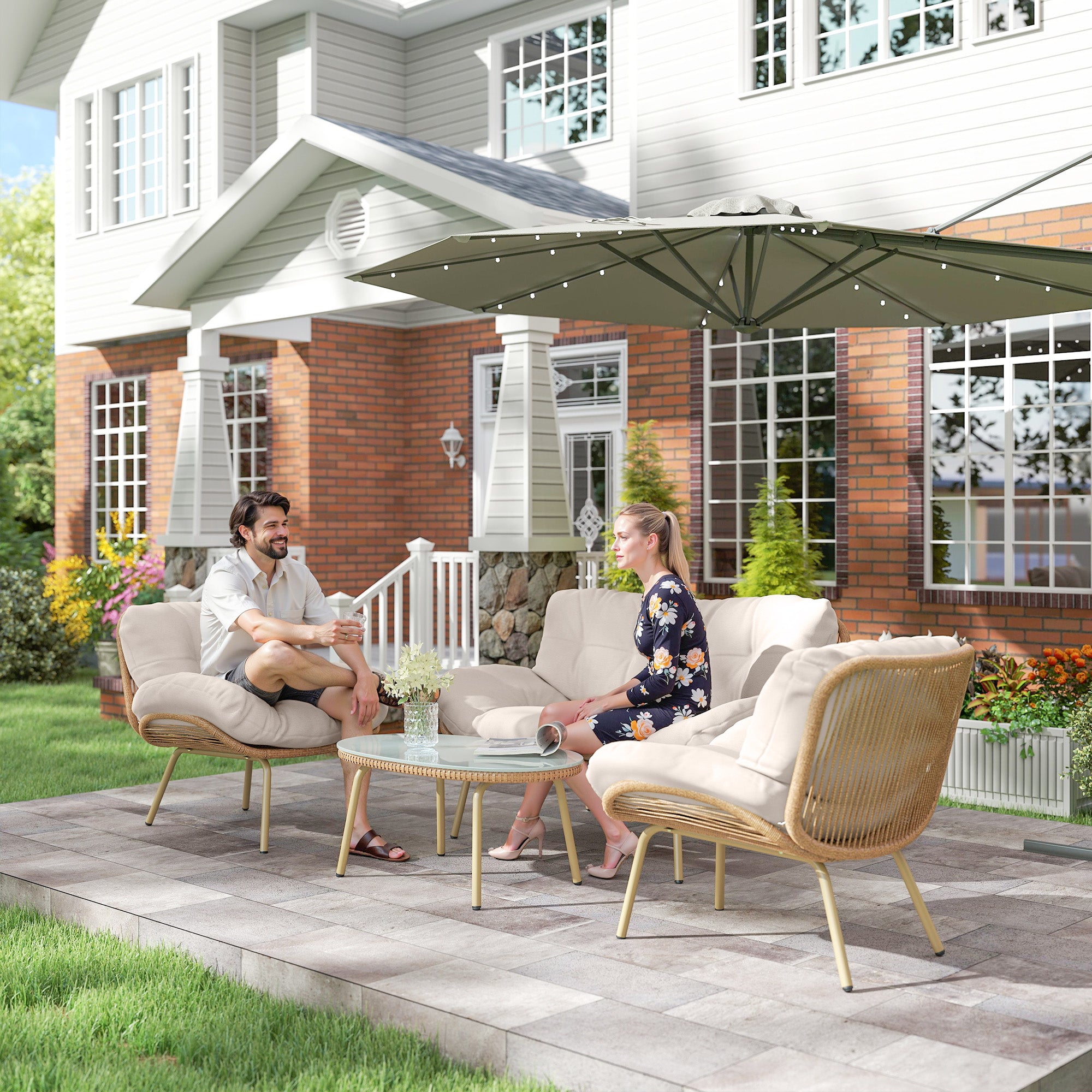 Outsunny Conjunto de Jardín Exterior de Ratán, Muebles Jardín Exterior 4 Piezas, con Cojines, Sofá Doble, 2 Sillones y Mesa de Centro de Cristal, Estructura de Metal, Beige