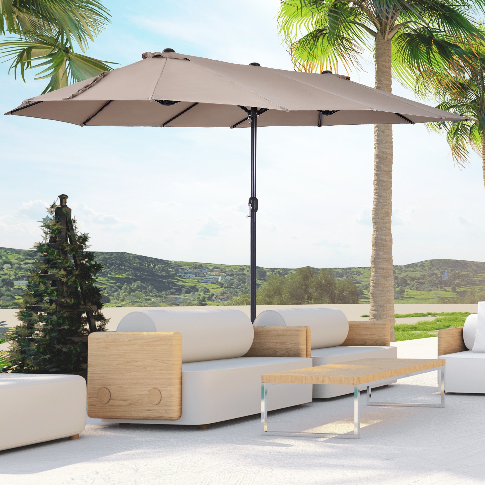 Outsunny Sombrilla Doble 4,55x2,65 m Sombrilla Terraza Exterior con Manivela Manual Resistente al Agua y Protección Solar Sombrilla Grande para Terraza Playa Piscina Café