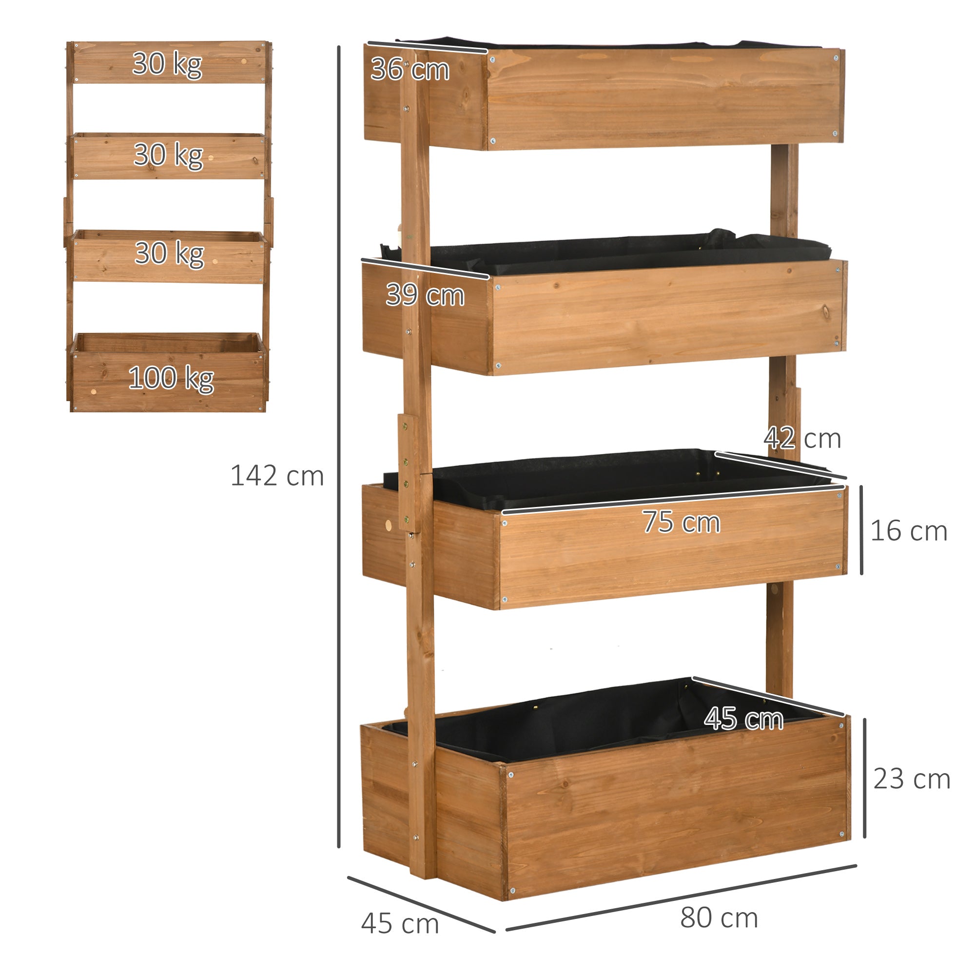 Outsunny Jardinera de Madera de 4 Niveles, Jardinera Exterior Elevada con Orificios de Drenaje y Tela no Tejida, Macetero para Cultivos, Plantas, Flores, para Terraza, Jardín, 80x45x142 cm, Naranja