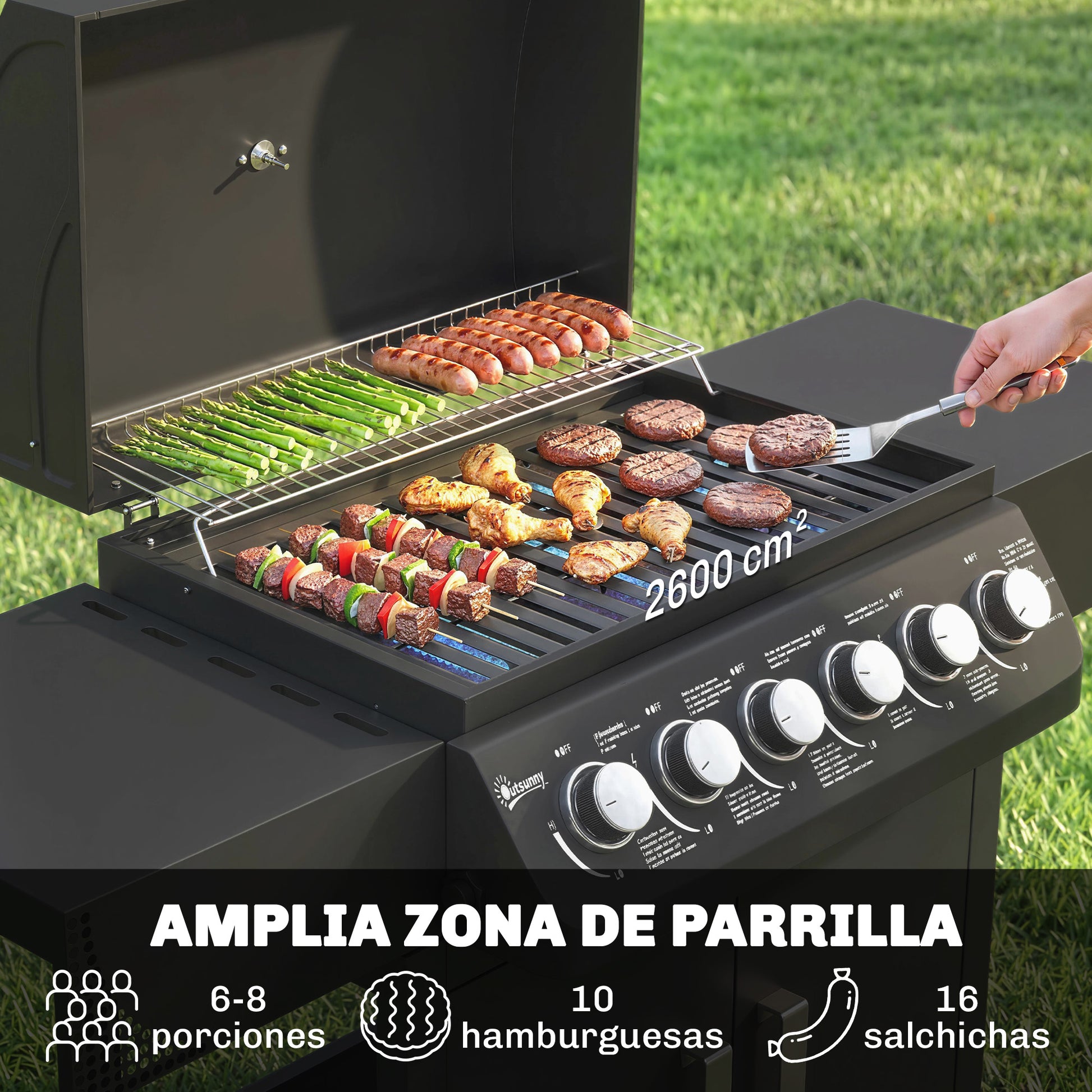 Outsunny Barbacoa de Gas BBQ Gas con 6 Quemadores 15 kW, Barbacoa Portátil con Termómetro, Mesas Laterales, Armario, Rejilla Calentadora, Parrilla, Recogedor de Grasa, 2 Ruedas y Tapa, Negro