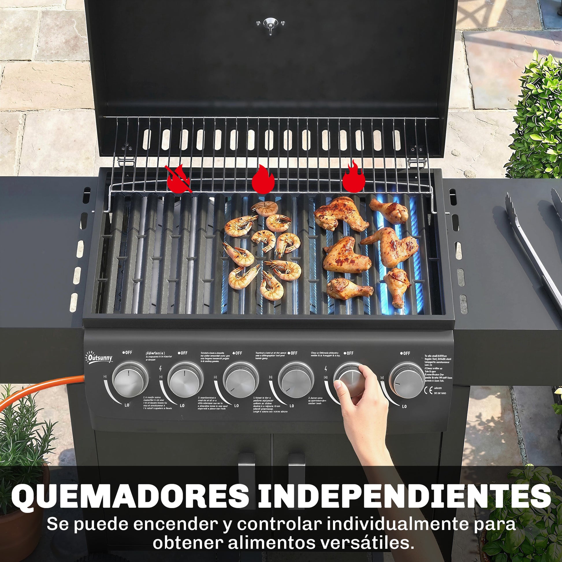 Outsunny Barbacoa de Gas BBQ Gas con 6 Quemadores 15 kW, Barbacoa Portátil con Termómetro, Mesas Laterales, Armario, Rejilla Calentadora, Parrilla, Recogedor de Grasa, 2 Ruedas y Tapa, Negro