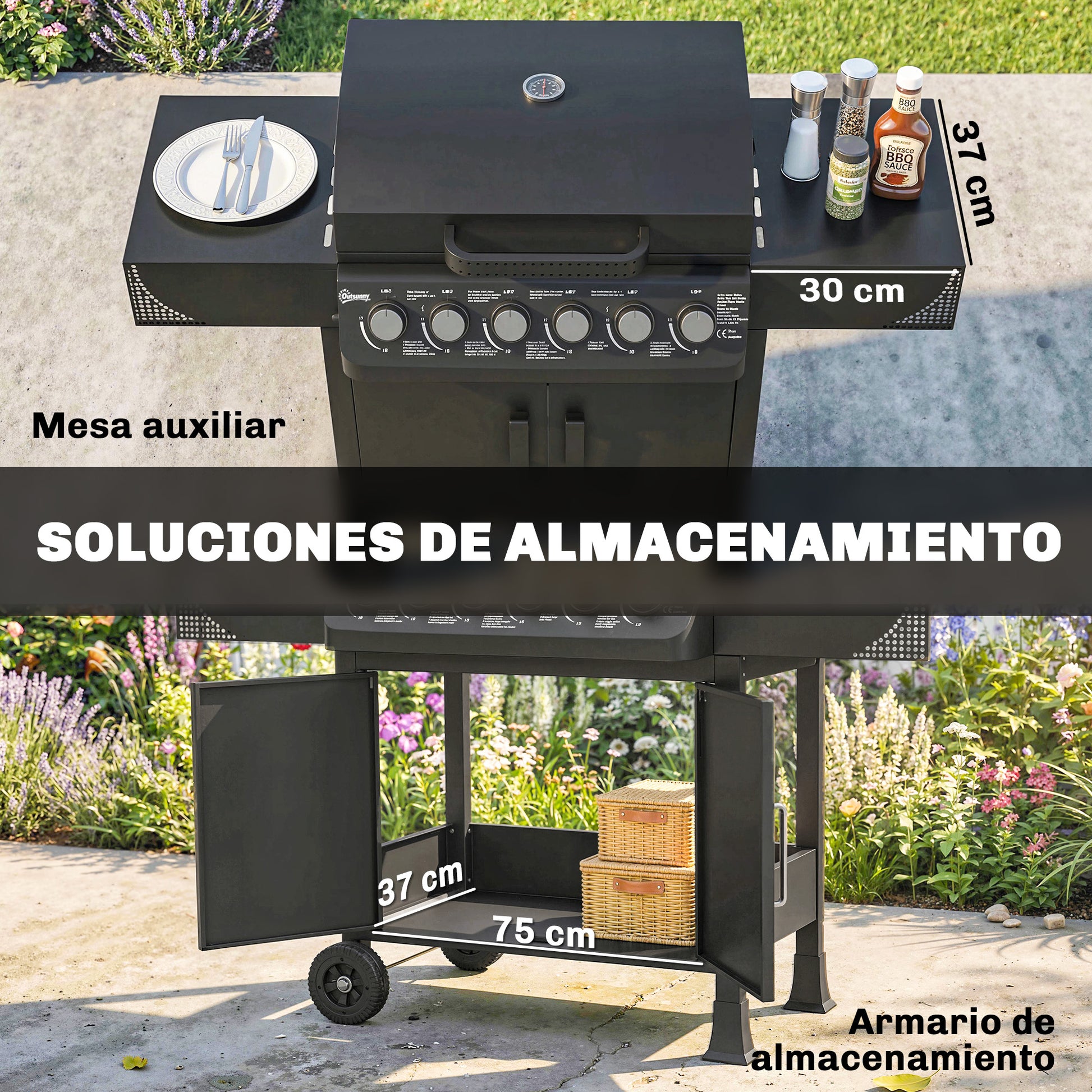 Outsunny Barbacoa de Gas BBQ Gas con 6 Quemadores 15 kW, Barbacoa Portátil con Termómetro, Mesas Laterales, Armario, Rejilla Calentadora, Parrilla, Recogedor de Grasa, 2 Ruedas y Tapa, Negro