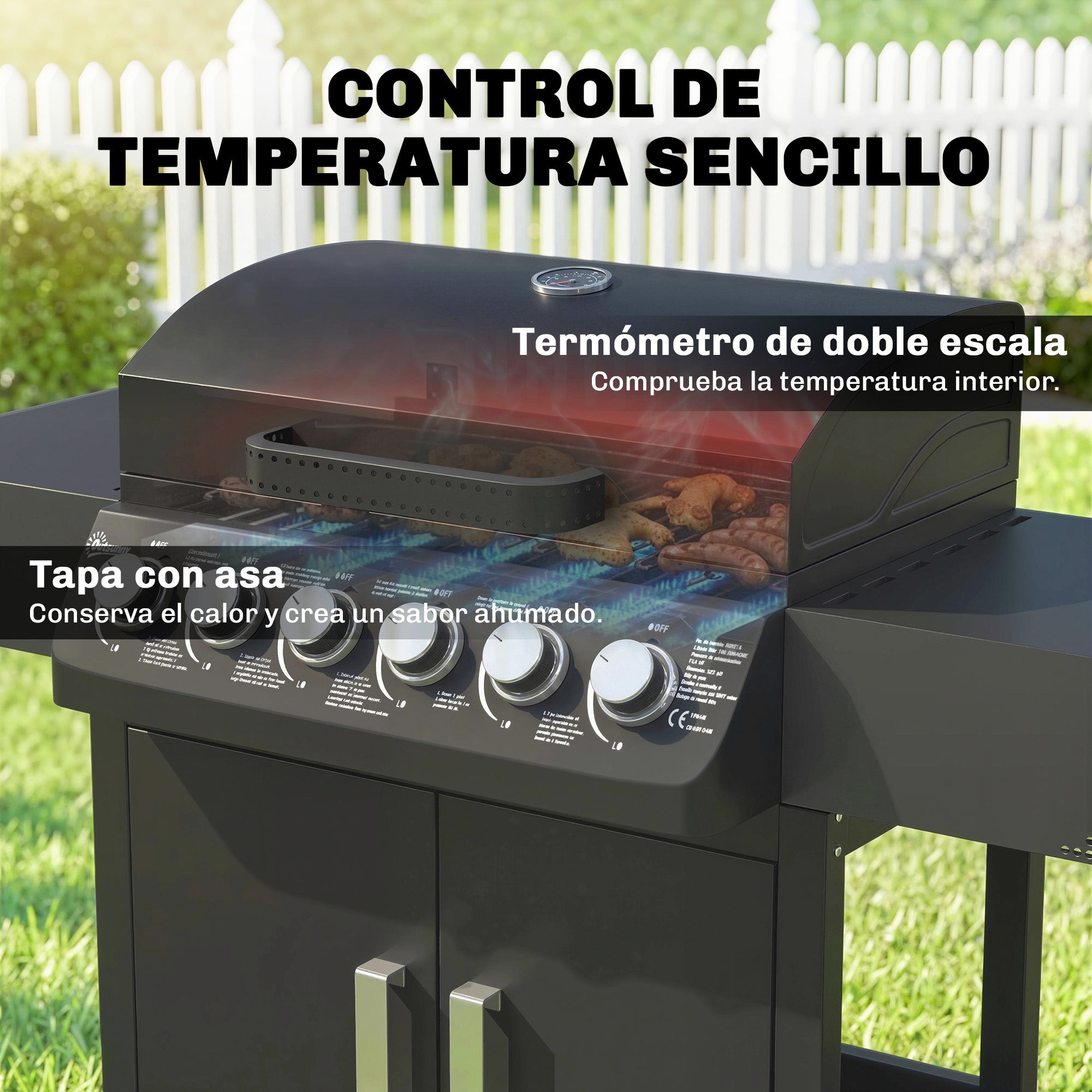 Outsunny Barbacoa de Gas BBQ Gas con 6 Quemadores 15 kW, Barbacoa Portátil con Termómetro, Mesas Laterales, Armario, Rejilla Calentadora, Parrilla, Recogedor de Grasa, 2 Ruedas y Tapa, Negro