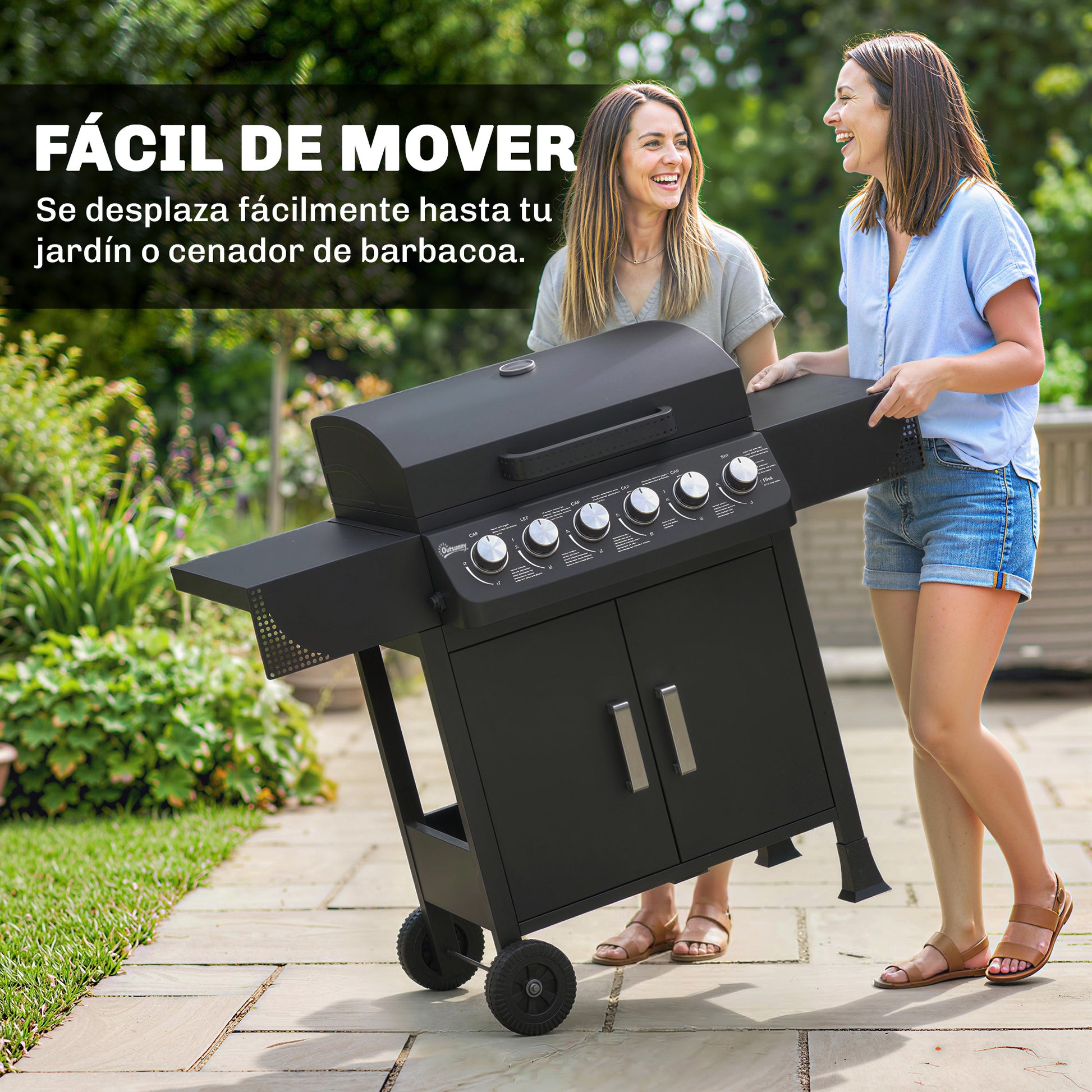 Outsunny Barbacoa de Gas BBQ Gas con 6 Quemadores 15 kW, Barbacoa Portátil con Termómetro, Mesas Laterales, Armario, Rejilla Calentadora, Parrilla, Recogedor de Grasa, 2 Ruedas y Tapa, Negro