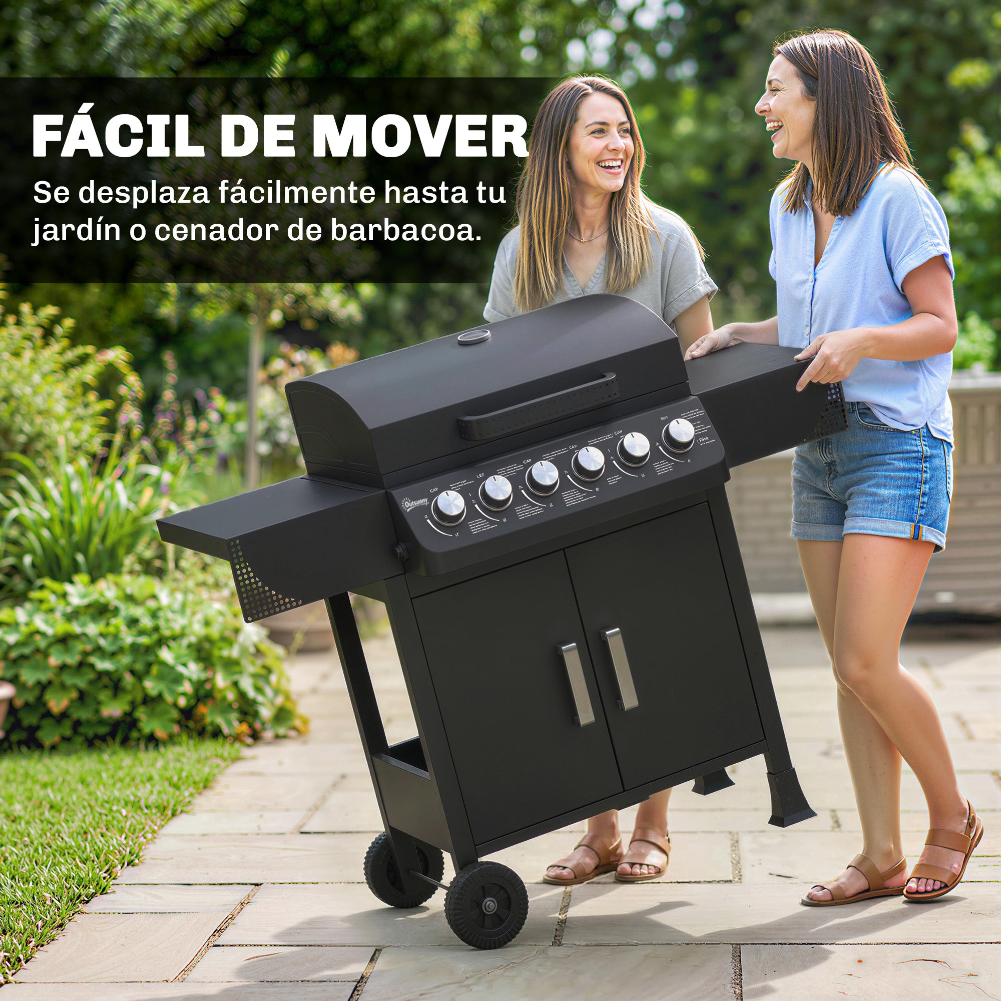 Outsunny Barbacoa de Gas BBQ Gas con 6 Quemadores 15 kW, Barbacoa Portátil con Termómetro, Mesas Laterales, Armario, Rejilla Calentadora, Parrilla, Recogedor de Grasa, 2 Ruedas y Tapa, Negro