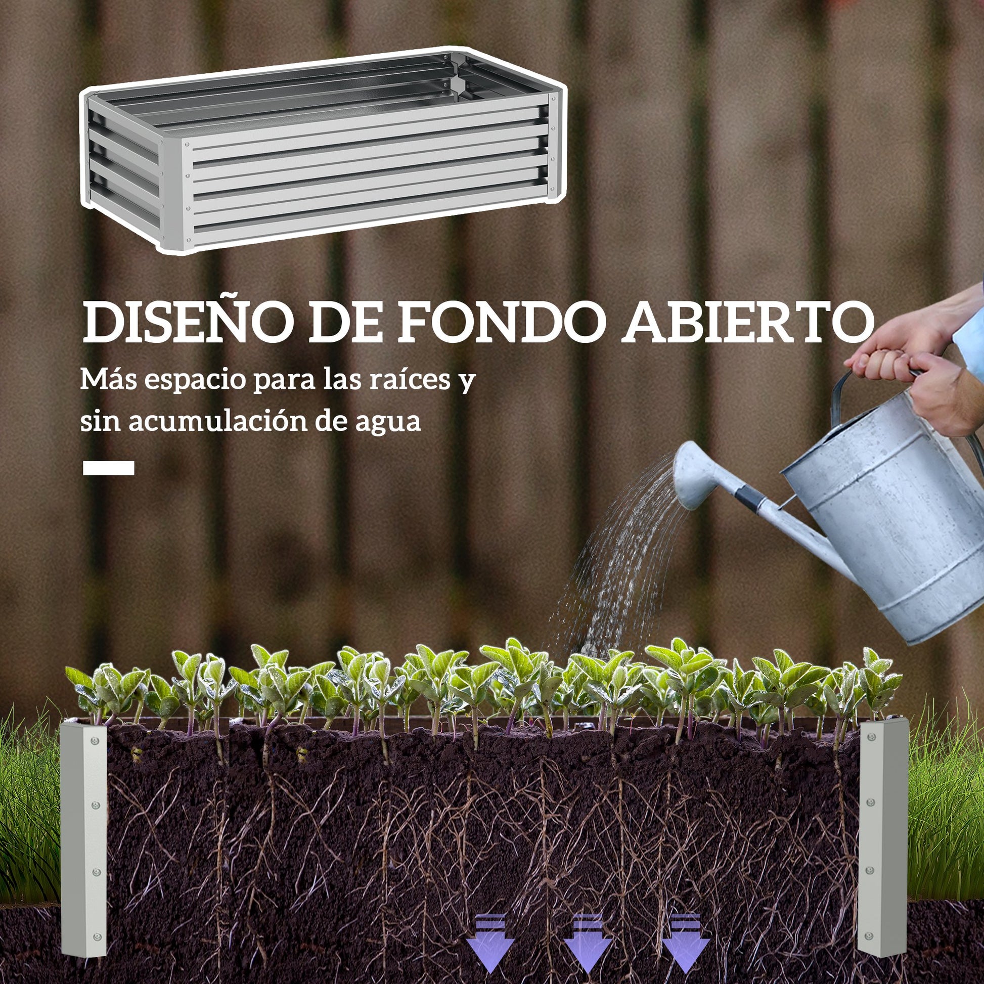 Outsunny Jardinera Exterior Grande de Acero Galvanizado, Huerto Urbano Elevado para Cultivar Plantas, Flores, Hierba, Macetero Exterior Rectangular con Fondo Abierto, 120x60x30,5 cm, Plata