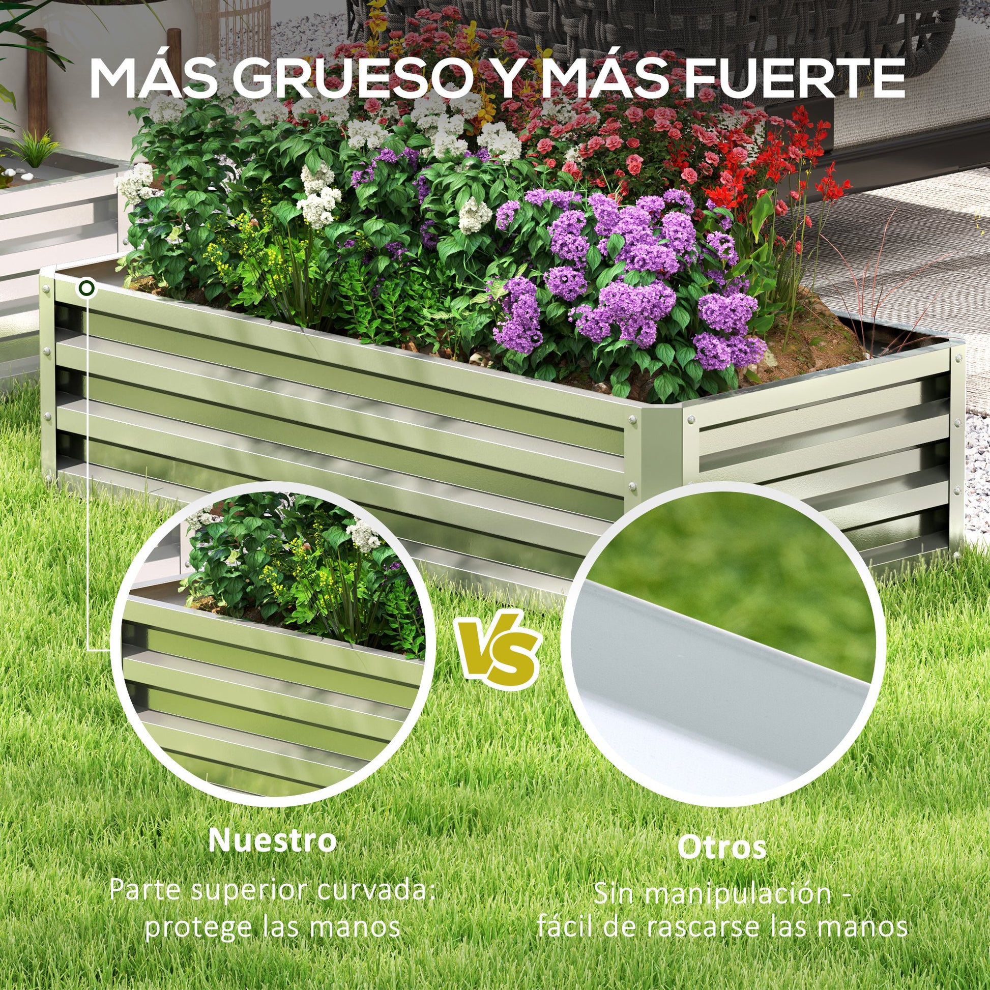 Outsunny Jardinera Exterior Grande de Acero Galvanizado, Huerto Urbano Elevado para Cultivar Plantas, Flores, Hierba, Macetero Exterior Rectangular con Fondo Abierto, 120x60x30,5 cm, Plata