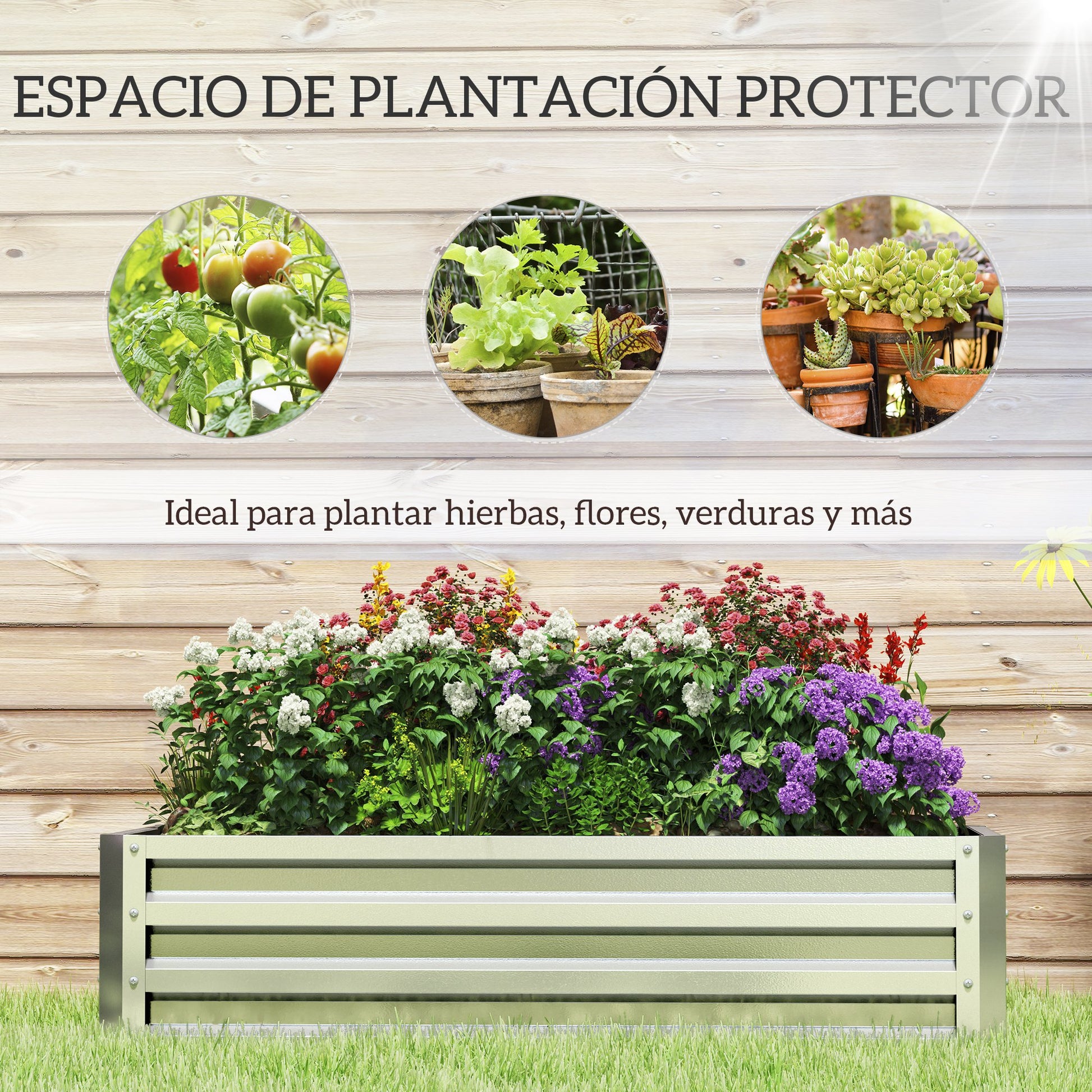 Outsunny Jardinera Exterior Grande de Acero Galvanizado, Huerto Urbano Elevado para Cultivar Plantas, Flores, Hierba, Macetero Exterior Rectangular con Fondo Abierto, 120x60x30,5 cm, Plata