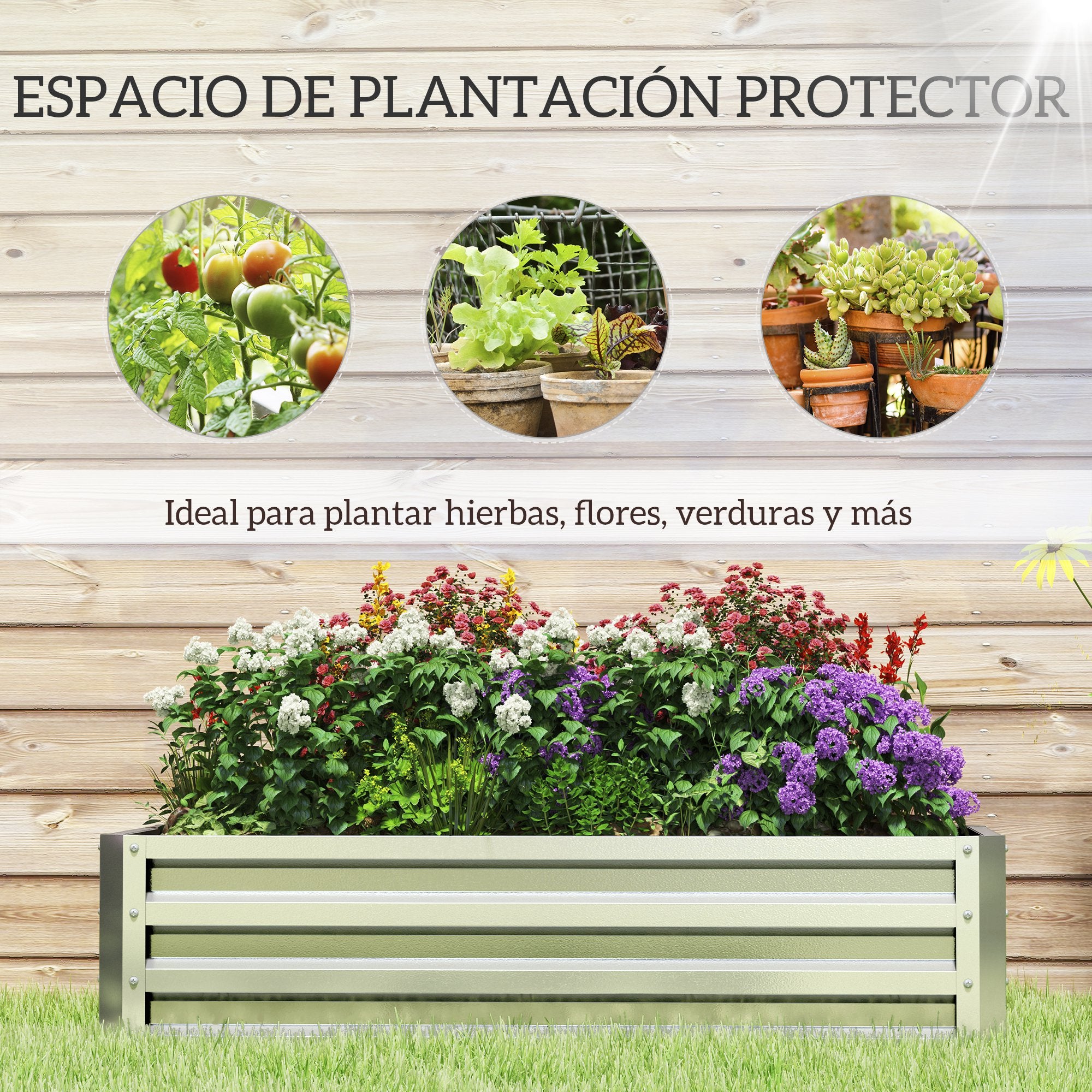 Outsunny Jardinera Exterior Grande de Acero Galvanizado, Huerto Urbano Elevado para Cultivar Plantas, Flores, Hierba, Macetero Exterior Rectangular con Fondo Abierto, 120x60x30,5 cm, Plata