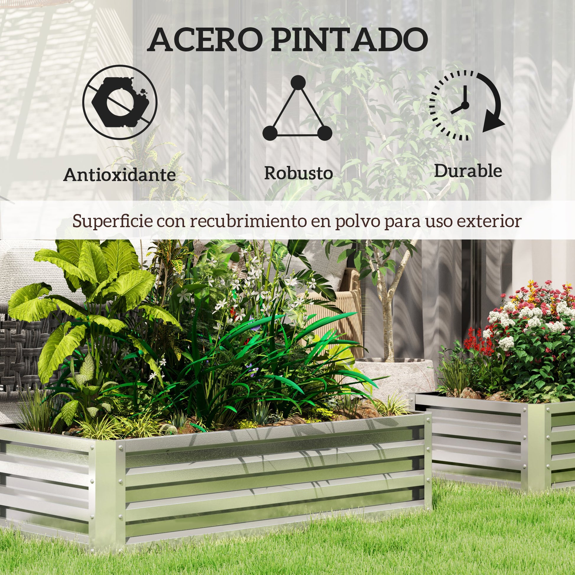 Outsunny Jardinera Exterior Grande de Acero Galvanizado, Huerto Urbano Elevado para Cultivar Plantas, Flores, Hierba, Macetero Exterior Rectangular con Fondo Abierto, 120x60x30,5 cm, Plata