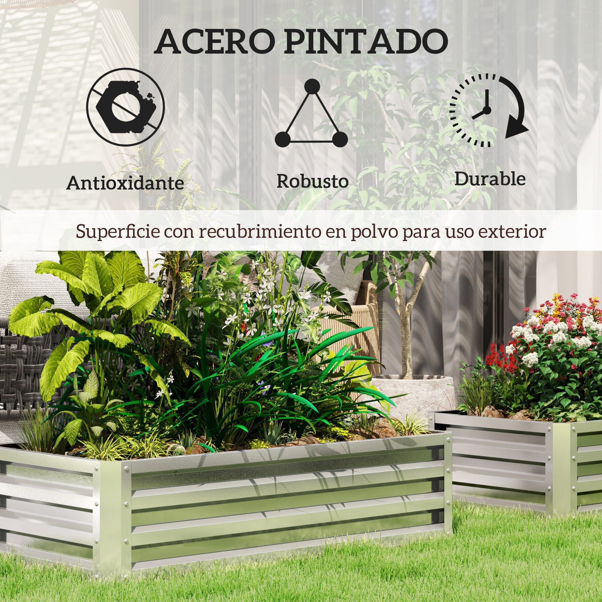 Outsunny Jardinera Exterior Grande de Acero Galvanizado, Huerto Urbano Elevado para Cultivar Plantas, Flores, Hierba, Macetero Exterior Rectangular con Fondo Abierto, 120x60x30,5 cm, Plata