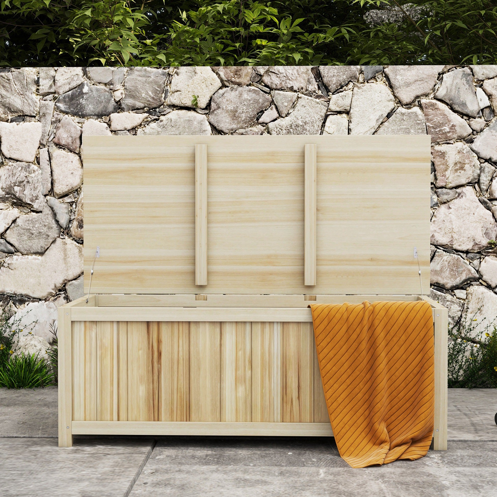 Outsunny Arcón Exterior de Madera, 172 L, Baúl Almacenaje Exterior con Tapa Abatible, Resistente a la Intemperie, para Jardín, Terraza, Patio, 120x55x45 cm, Madera Natural