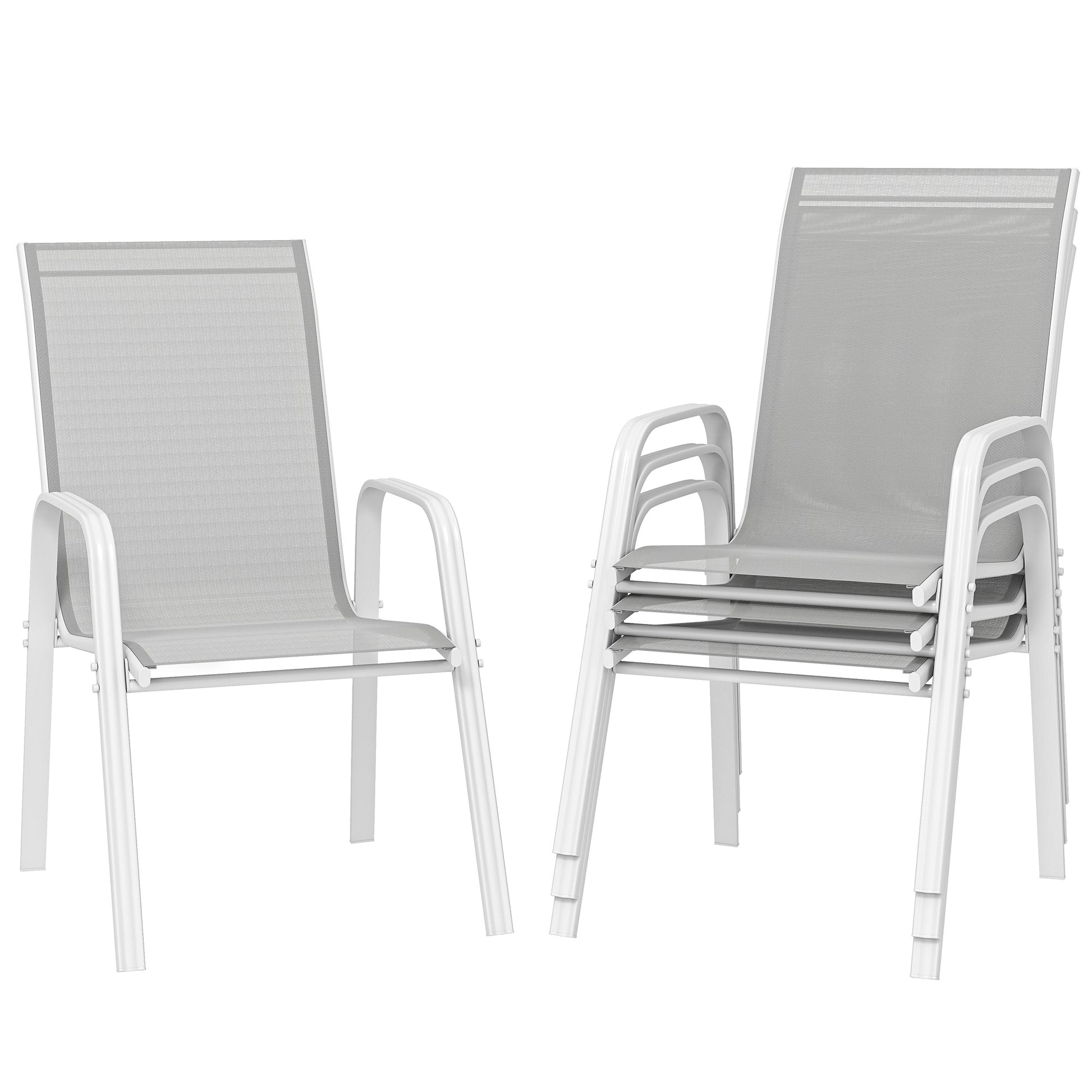 Outsunny Juego de 4 Sillas de Jardín Exterior Sillas Terraza Exterior Apilables Sillón de Comedor con Tela Transpirable Marco de Metal Reposabrazos y Respaldo 54x75,5x95 cm Gris Claro