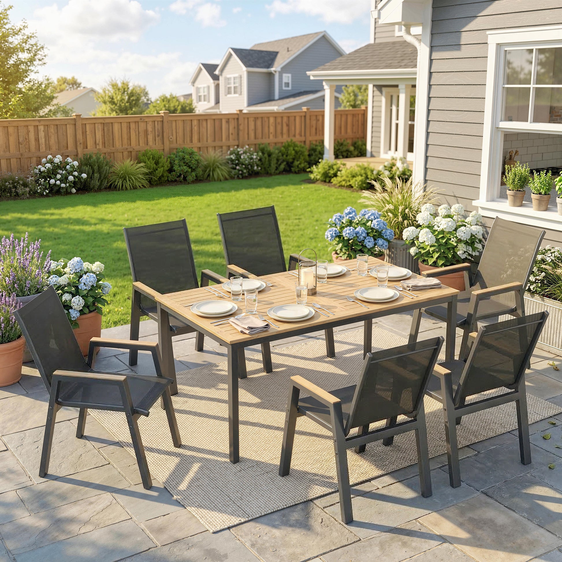 Outsunny Conjunto de Mesa y Sillas Jardín de 7 Piezas, Muebles Jardín Exterior con Mesa con Tablero de Listones Efecto Madera, 6 Sillas Transpirables, Marco de Metal Resistente a la Intemperie, Negro