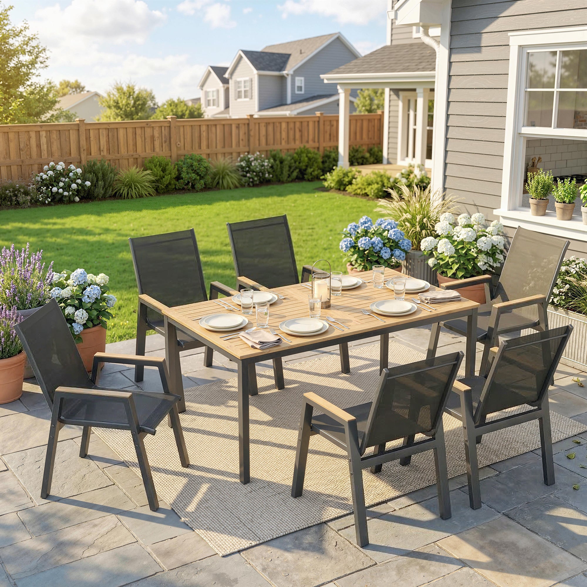 Outsunny Conjunto de Mesa y Sillas Jardín de 7 Piezas, Muebles Jardín Exterior con Mesa con Tablero de Listones Efecto Madera, 6 Sillas Transpirables, Marco de Metal Resistente a la Intemperie, Negro