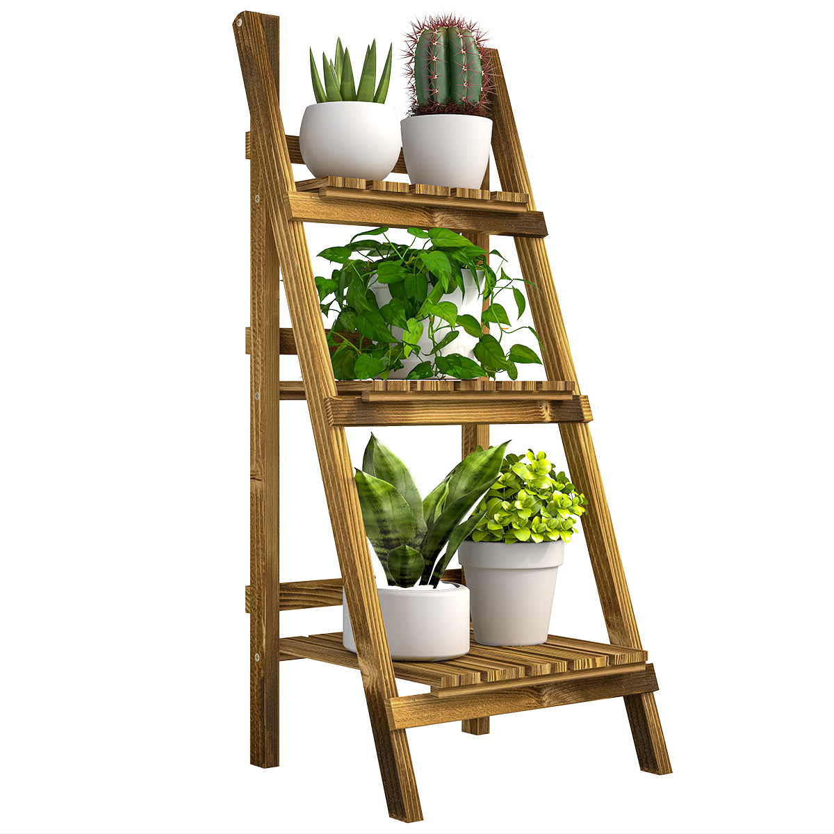 Outsunny Soporte para Plantas de Madera de 3 Niveles Estantería para Plantas Plegable Soporte para Macetas para Interior y Exterior Terraza Jardín Balcón 40x37x93 cm Natural