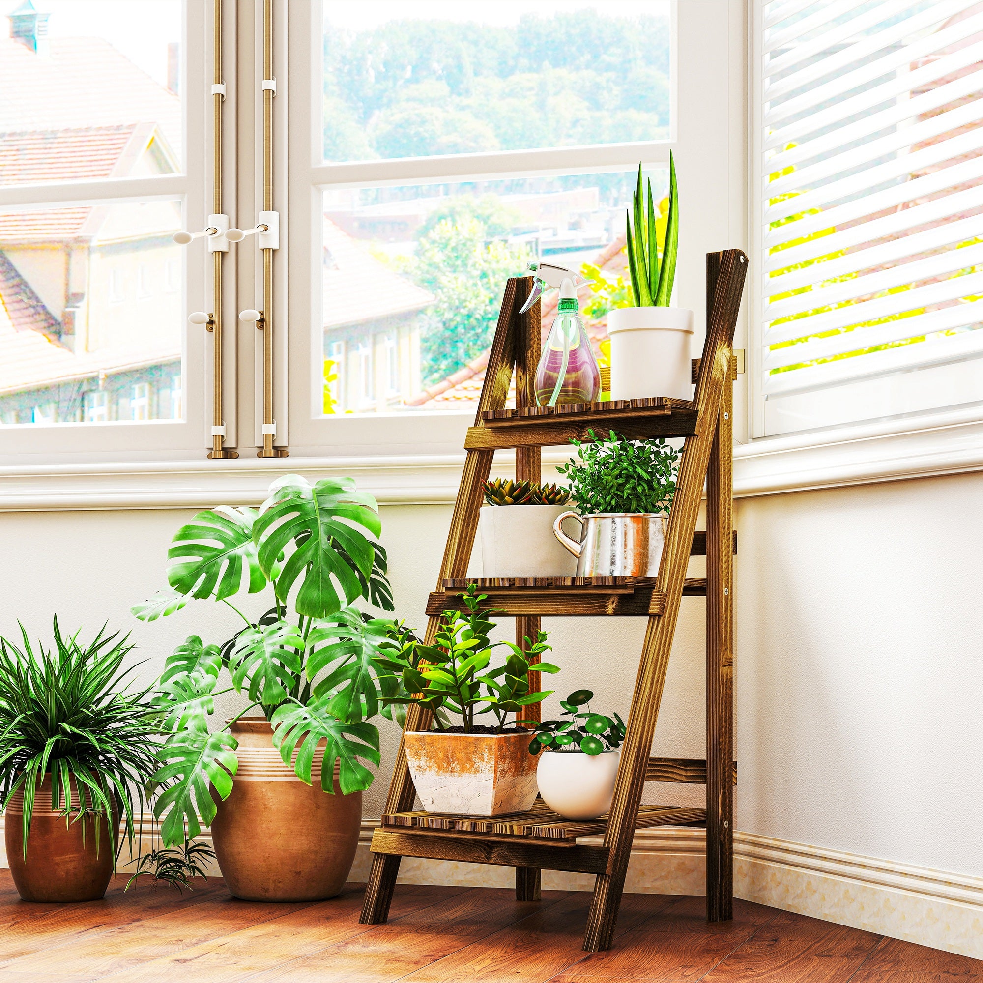 Outsunny Soporte para Plantas de Madera de 3 Niveles Estantería para Plantas Plegable Soporte para Macetas para Interior y Exterior Terraza Jardín Balcón 40x37x93 cm Natural