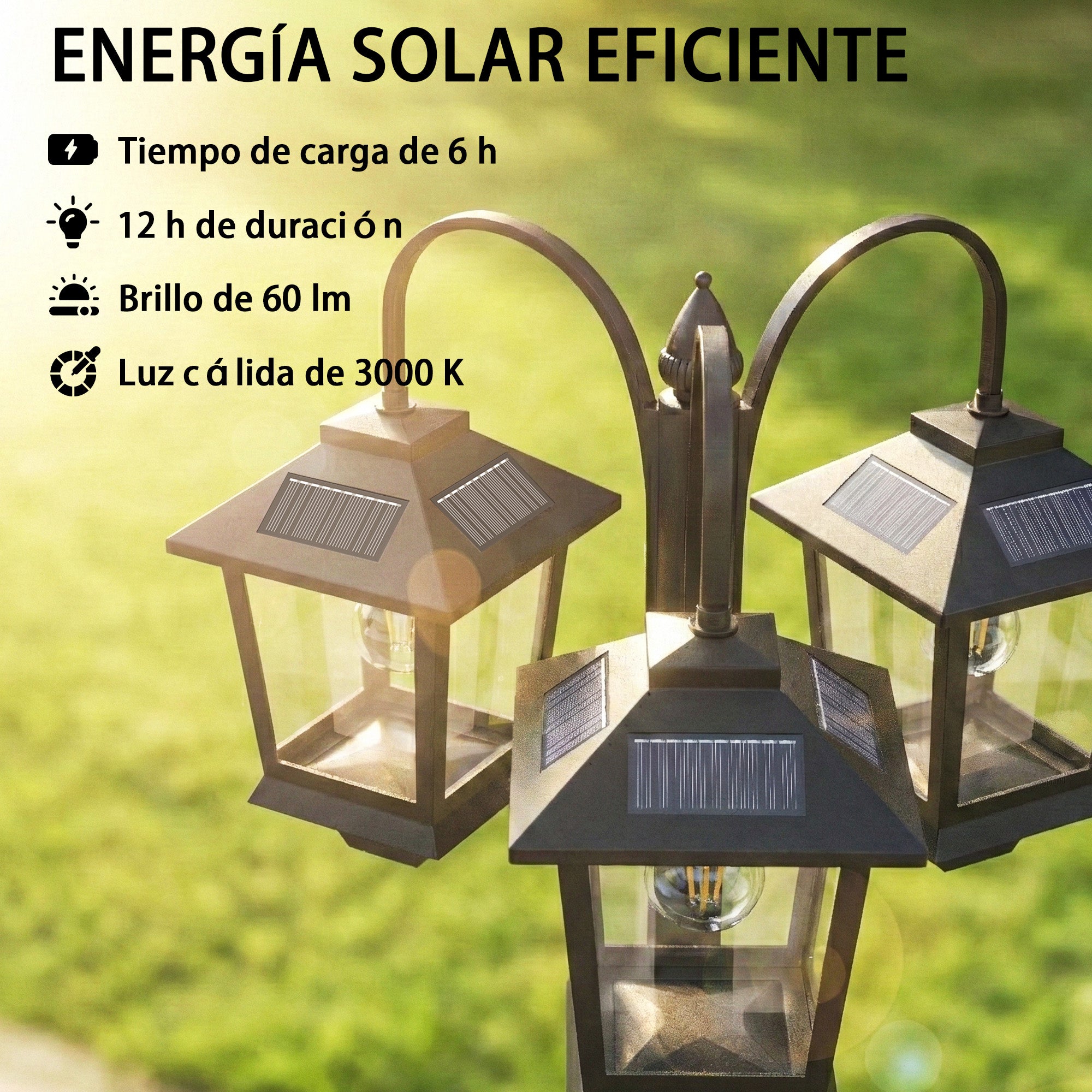 Outsunny Farola Solar Exterior de Jardín con 3 Cabezales, Luz Solar de Exterior de Aluminio con Encendido/Apagado Automático, Impermeable IP44, para Terraza, Patio, 40x34,5x188 cm, Negro