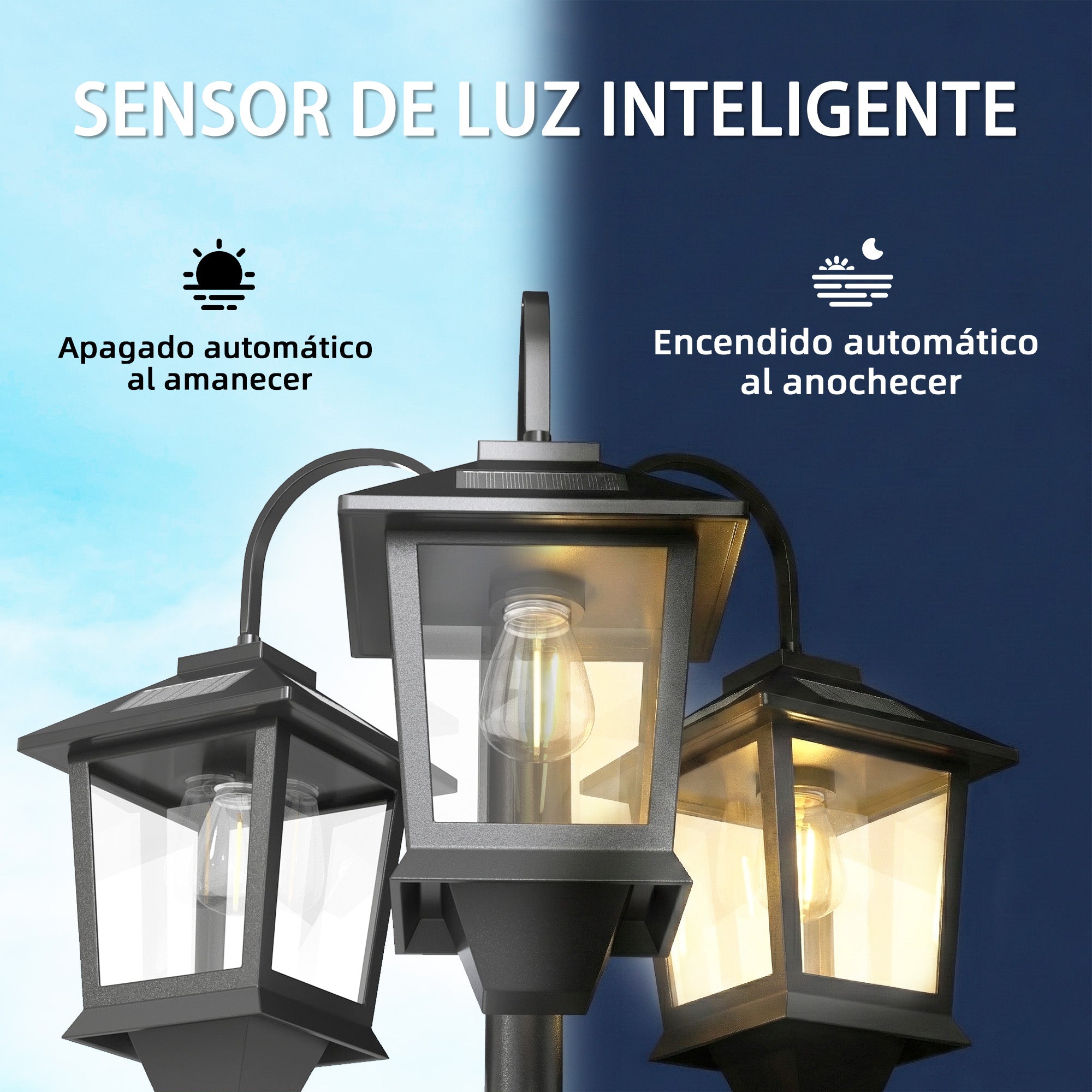 Outsunny Farola Solar Exterior de Jardín con 3 Cabezales, Luz Solar de Exterior de Aluminio con Encendido/Apagado Automático, Impermeable IP44, para Terraza, Patio, 40x34,5x188 cm, Negro