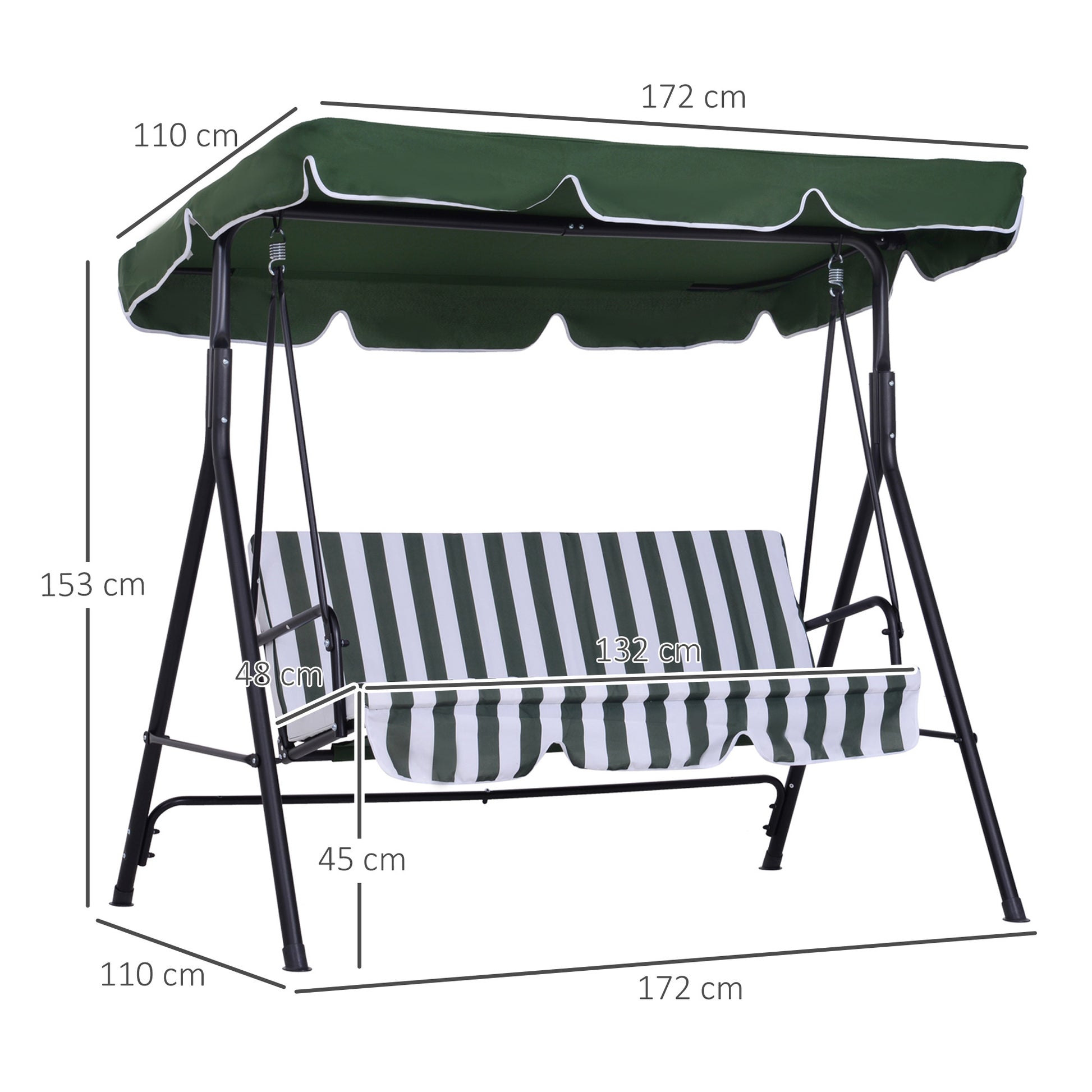 Outsunny Columpio de Jardín de 3 Plazas Balancín Exterior con Techo Ajustable y Marco de Acero para Balcón Terraza Patio Carga 200 kg 172x110x153 cm Verde