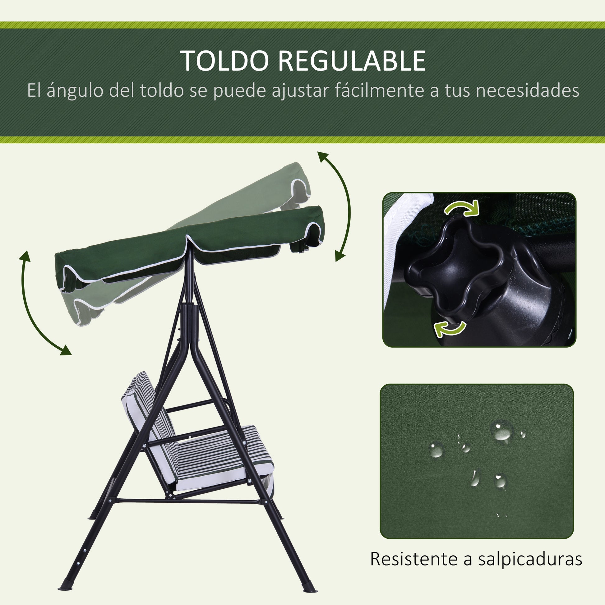 Outsunny Columpio de Jardín de 3 Plazas Balancín Exterior con Techo Ajustable y Marco de Acero para Balcón Terraza Patio Carga 200 kg 172x110x153 cm Verde