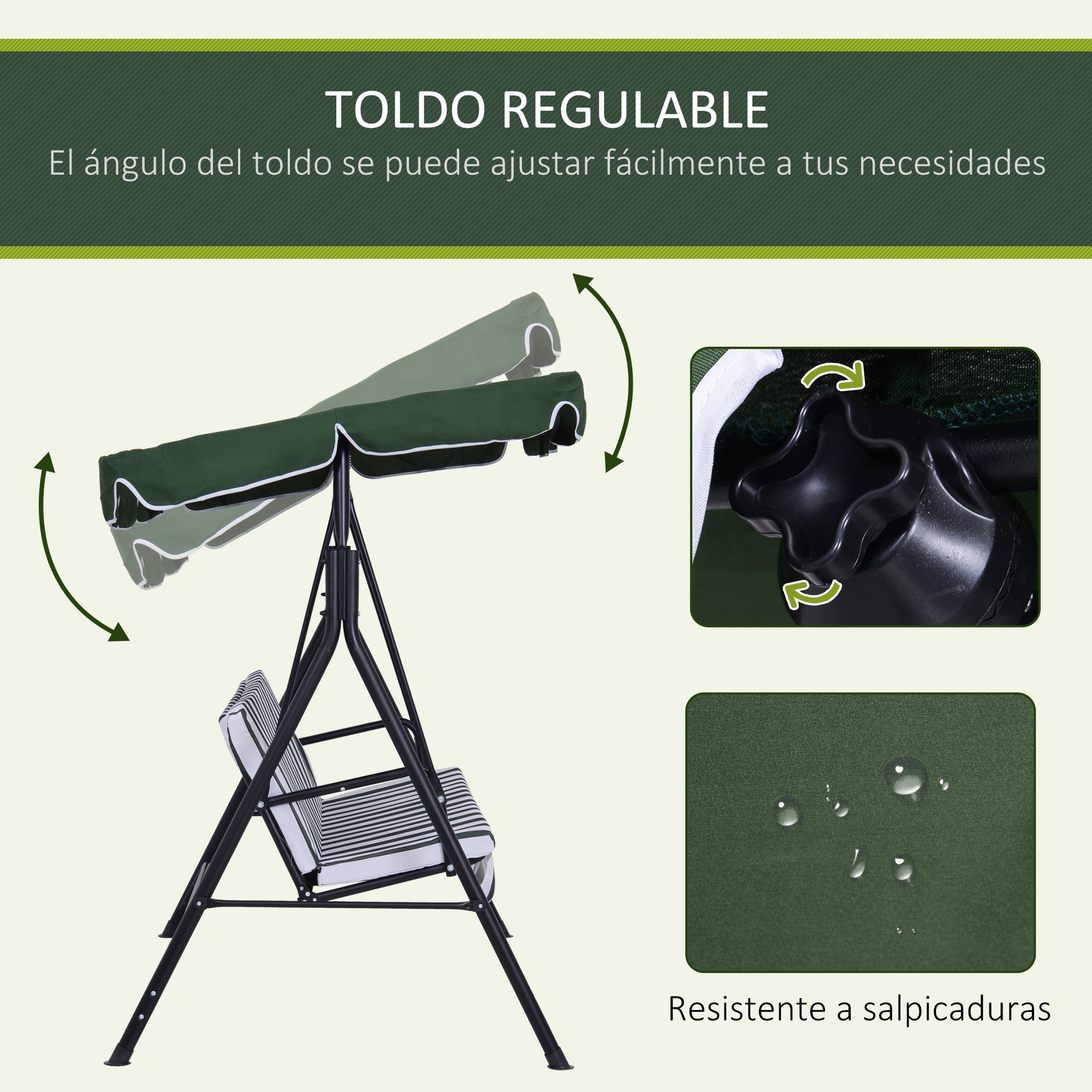 Outsunny Columpio de Jardín de 3 Plazas Balancín Exterior con Techo Ajustable y Marco de Acero para Balcón Terraza Patio Carga 200 kg 172x110x153 cm Verde