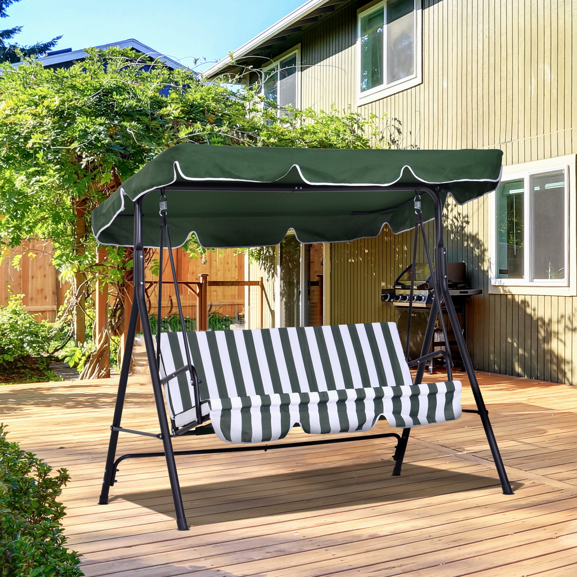 Outsunny Columpio de Jardín de 3 Plazas Balancín Exterior con Techo Ajustable y Marco de Acero para Balcón Terraza Patio Carga 200 kg 172x110x153 cm Verde