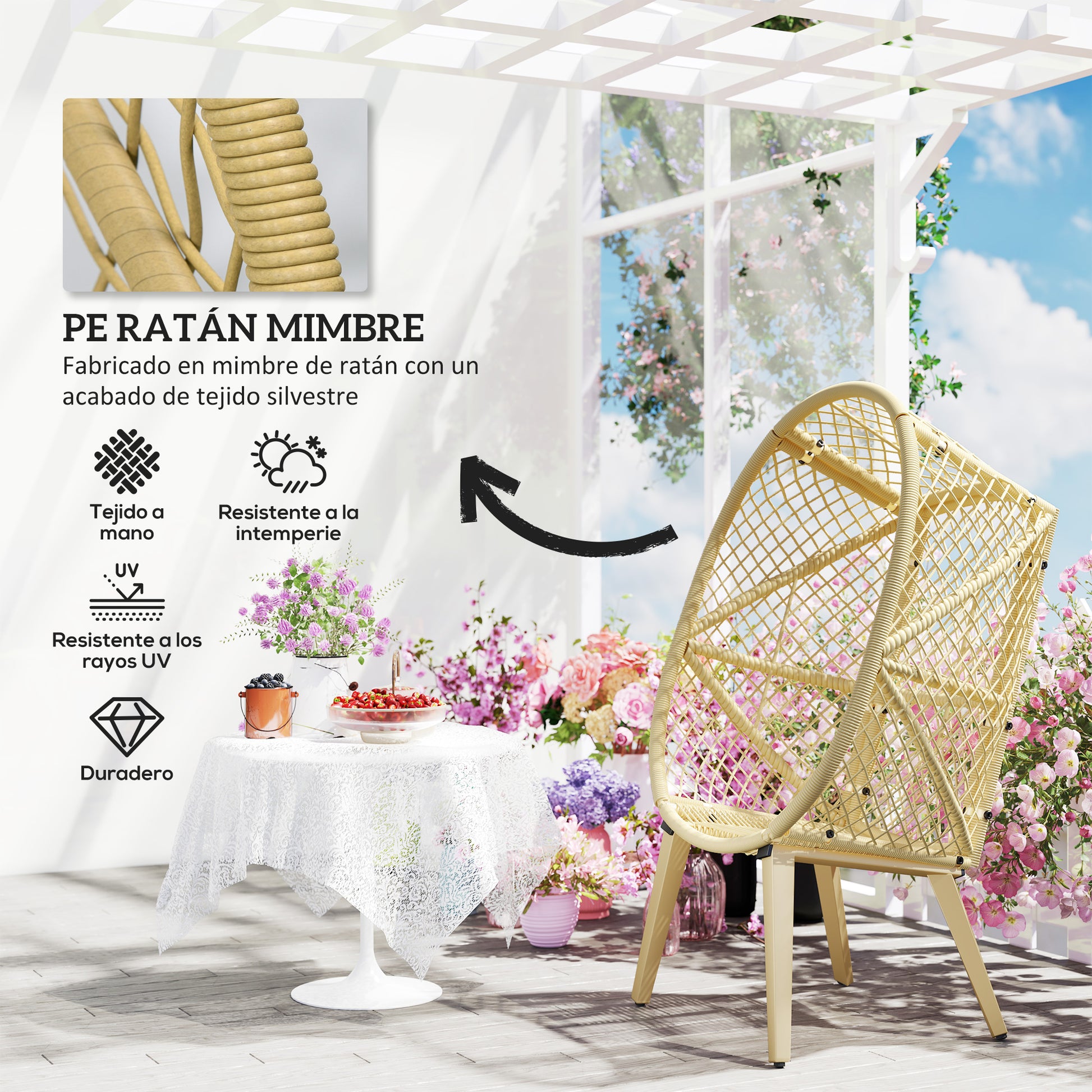 Outsunny Sillón de Ratán Sintético Silla de Terraza en Forma de Huevo con Reposacabezas Acolchado y Cojín Carga 160 kg para Jardín Balcón 88x85x143 cm Natural y Crema