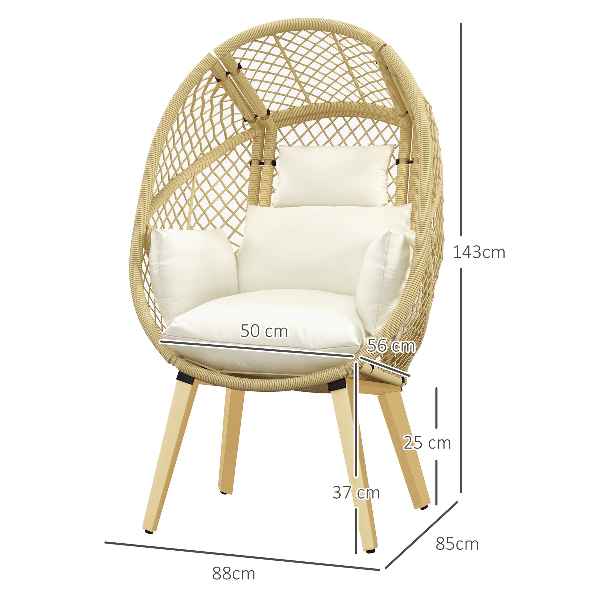 Outsunny Sillón de Ratán Sintético Silla de Terraza en Forma de Huevo con Reposacabezas Acolchado y Cojín Carga 160 kg para Jardín Balcón 88x85x143 cm Natural y Crema