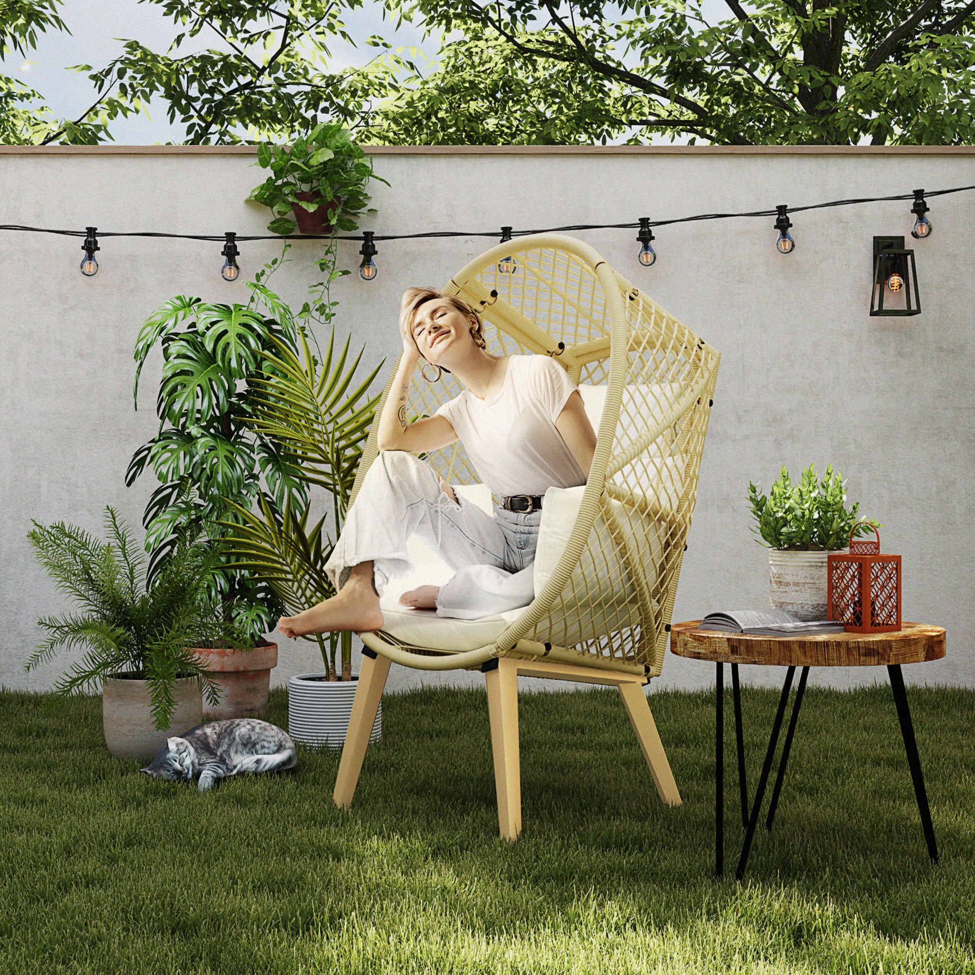 Outsunny Sillón de Ratán Sintético Silla de Terraza en Forma de Huevo con Reposacabezas Acolchado y Cojín Carga 160 kg para Jardín Balcón 88x85x143 cm Natural y Crema