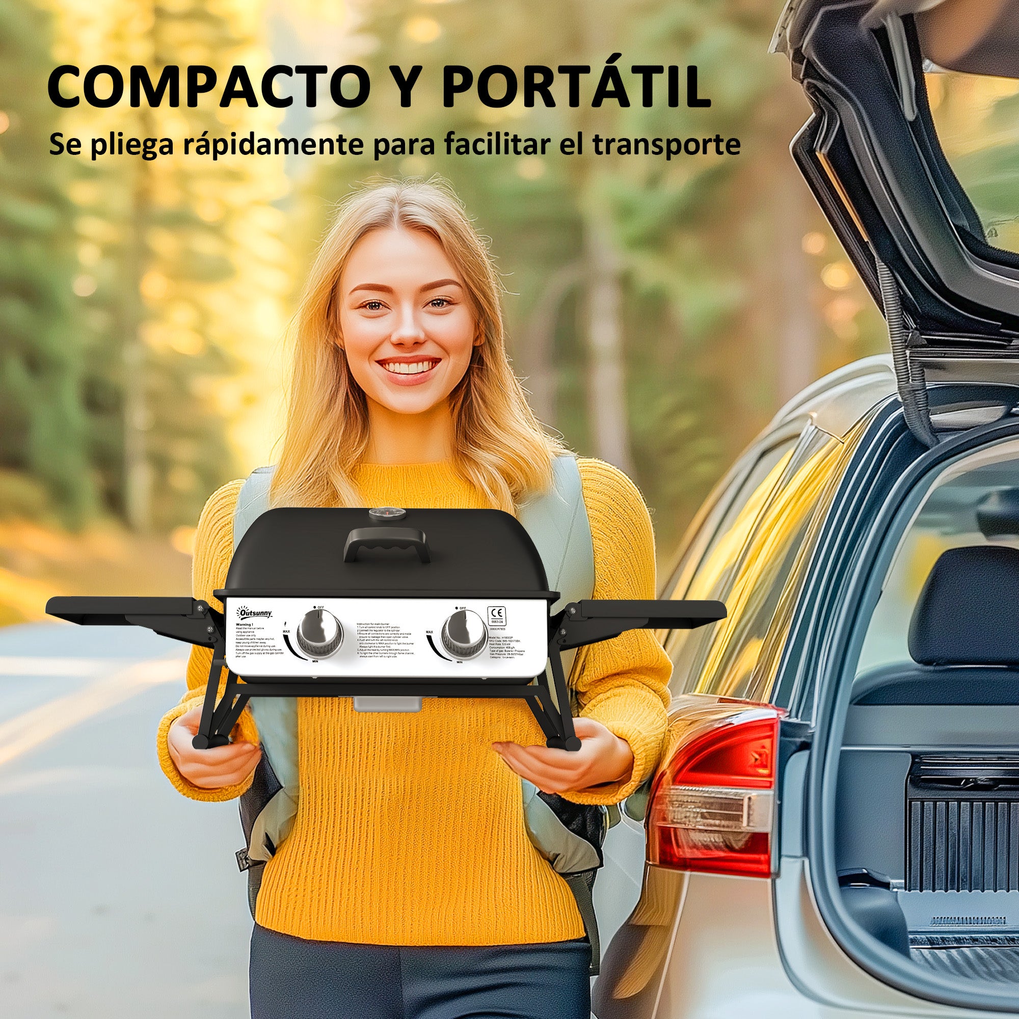 Outsunny Barbacoa de Gas con 2 Quemadores de Acero Inoxidable 2,8 KW Barbacoa Portátil con Mesas Laterales Plegables Bandeja Extraíble y Termómetro para Pícnic Camping 101x48x41 cm Negro