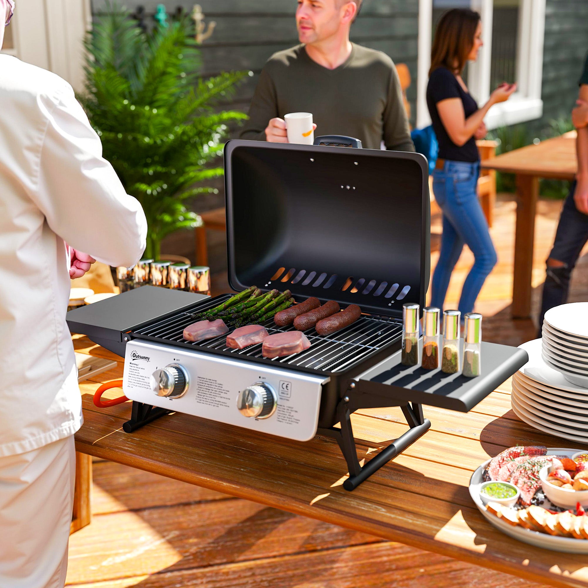 Outsunny Barbacoa de Gas con 2 Quemadores de Acero Inoxidable 2,8 KW Barbacoa Portátil con Mesas Laterales Plegables Bandeja Extraíble y Termómetro para Pícnic Camping 101x48x41 cm Negro