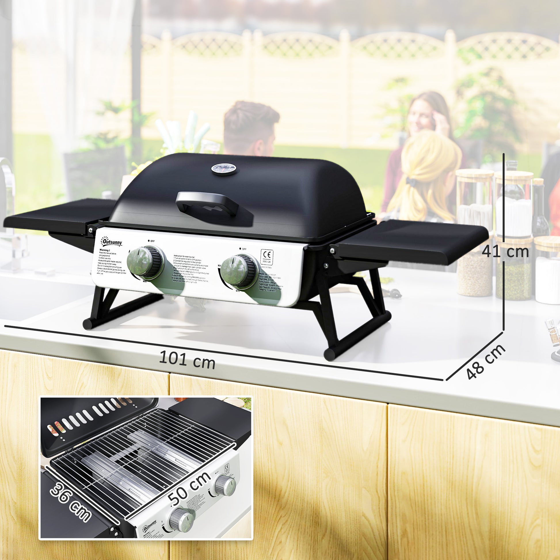 Outsunny Barbacoa de Gas con 2 Quemadores de Acero Inoxidable 2,8 KW Barbacoa Portátil con Mesas Laterales Plegables Bandeja Extraíble y Termómetro para Pícnic Camping 101x48x41 cm Negro