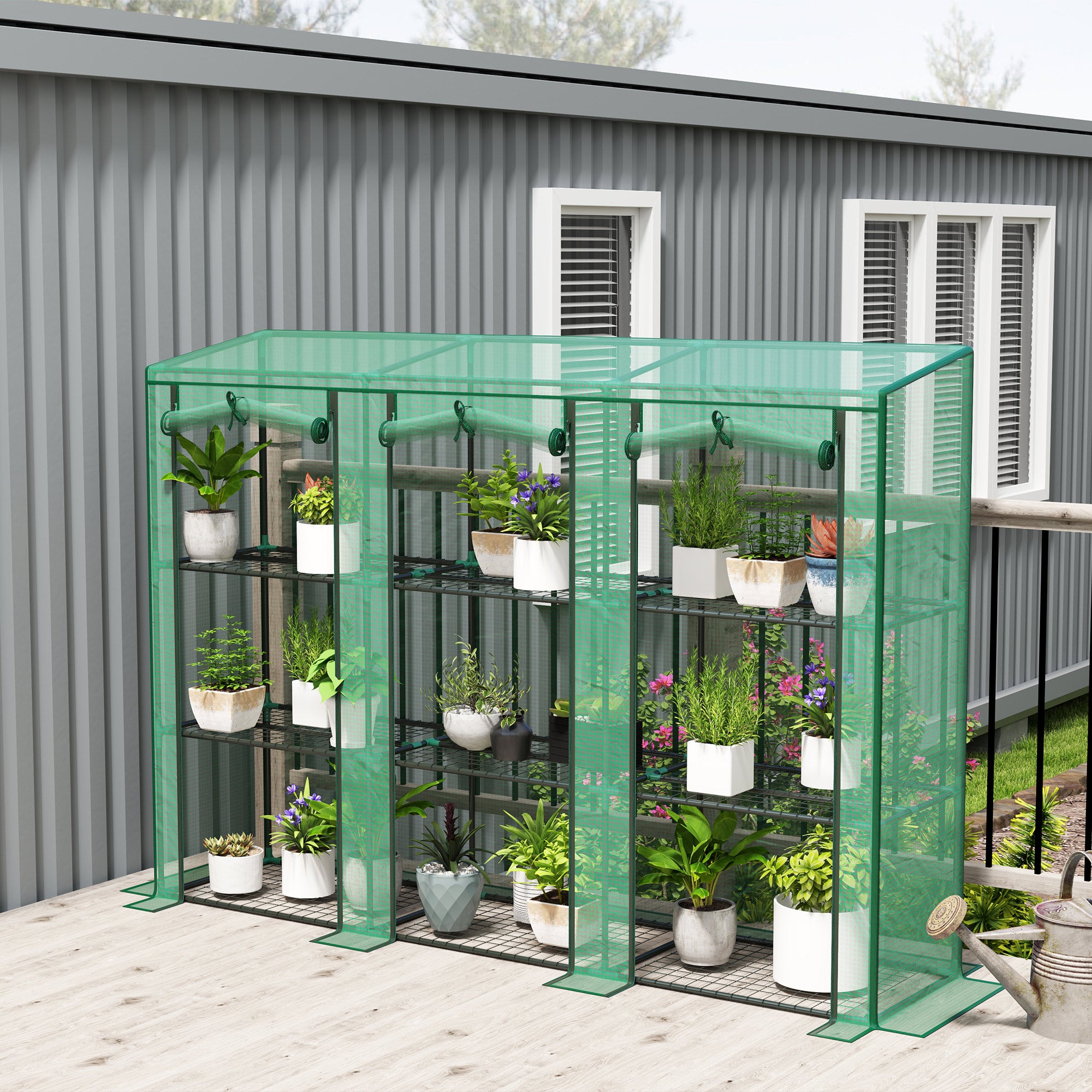 Outsunny Invernadero de Exterior de 3 Niveles Invernadero de Jardín con 9 Estantes Puerta Enrollable con Cremallera Marco de Acero Cubierta de PE 140g/m² Anti-UV para Terraza 215x46x151cm Verde