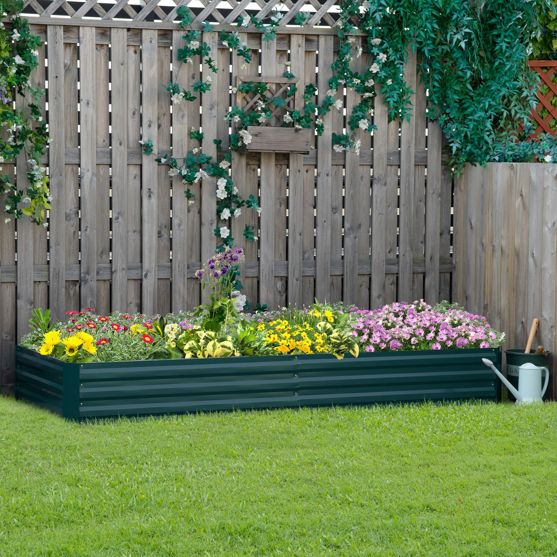 Outsunny Jardinera Elevada de Acero Galvanizado Huerto Urbano para Cultivar Plantas Flores Hierba Macetero Grande Exterior Rectangular con Fondo Abierto 241x90,5x30 cm Verde