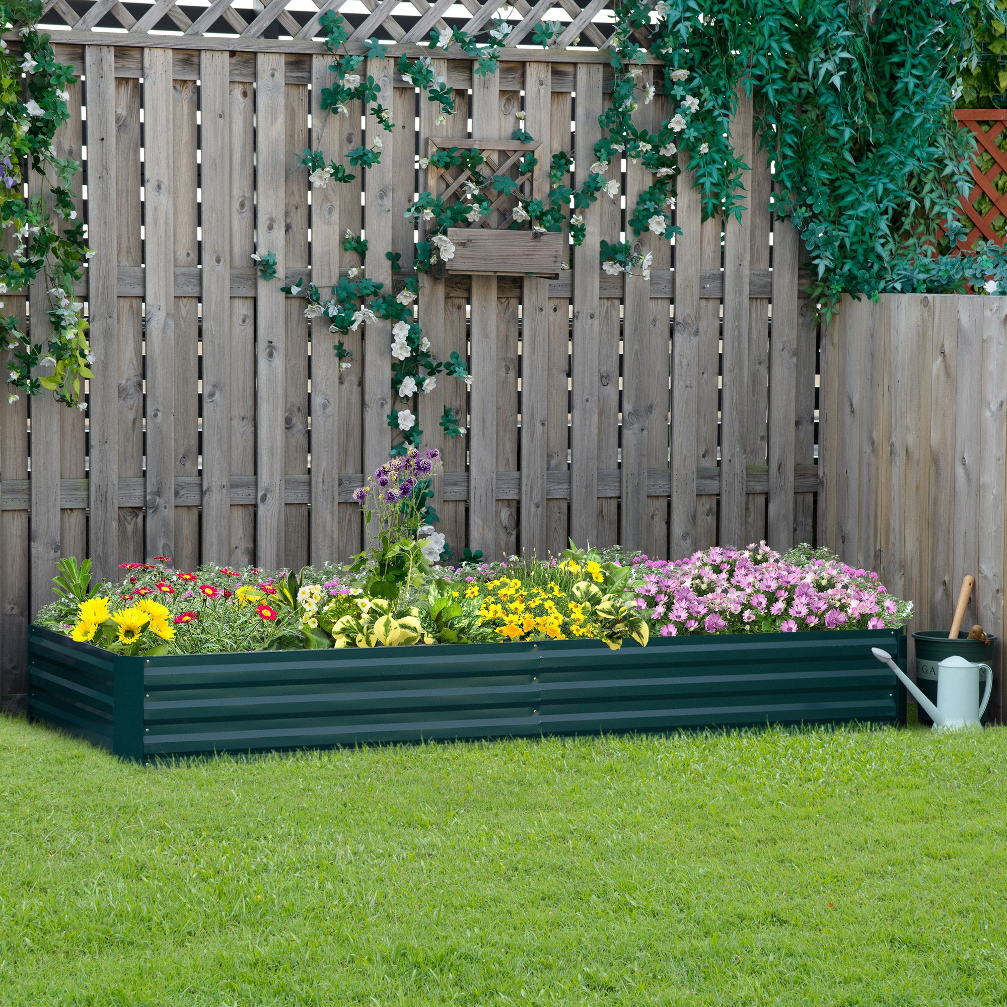 Outsunny Jardinera Elevada de Acero Galvanizado Huerto Urbano para Cultivar Plantas Flores Hierba Macetero Grande Exterior Rectangular con Fondo Abierto 241x90,5x30 cm Verde