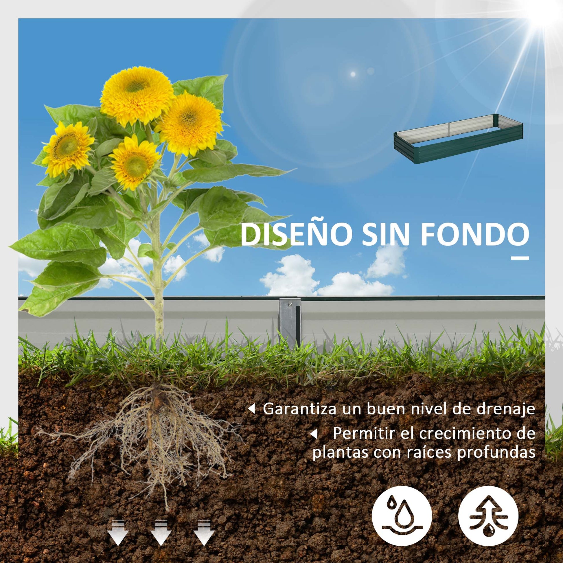 Outsunny Jardinera Elevada de Acero Galvanizado Huerto Urbano para Cultivar Plantas Flores Hierba Macetero Grande Exterior Rectangular con Fondo Abierto 241x90,5x30 cm Verde