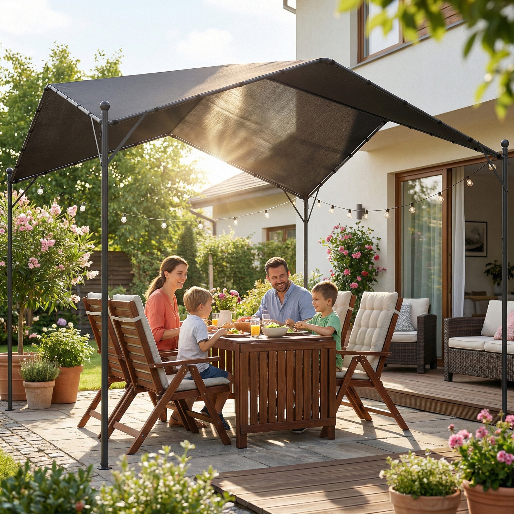 Outsunny Pérgola de Jardín 3x3 m, Cenador de Jardín con Techo Inclinado, Dosel UPF30+ y Estructura de Metal Galvanizado, Pabellón para Exterior, Patio, Terraza, Gris Oscuro