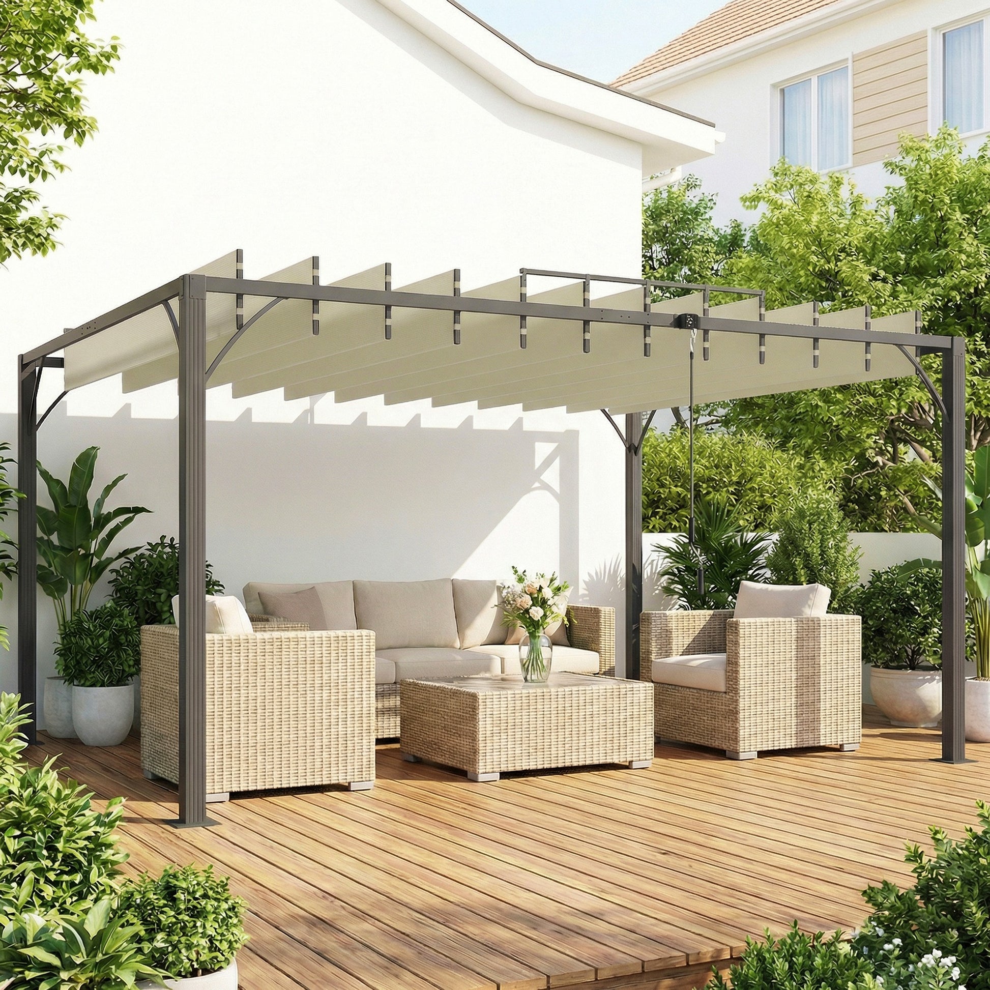 Outsunny Pérgola de Jardín 3x4 m, Cenador de Jardín con Techo de Lamas Orientables a 135°, Estructura de Aluminio, Protección UPF30+, Pabellón para Exterior, Patio, Terraza, Blanco Crema