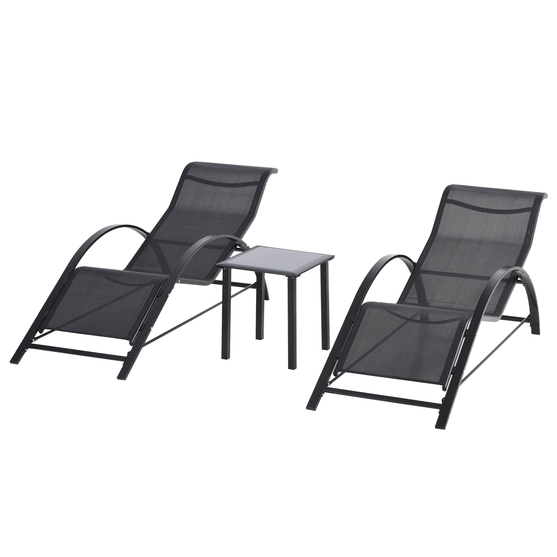 Outsunny Set de 2 Tumbonas Jardín Exterior con Mesa Auxiliar de Vidrio Templado Tumbonas con Respaldo Reposabrazos para Patio Piscina Terraza Exterior Negro